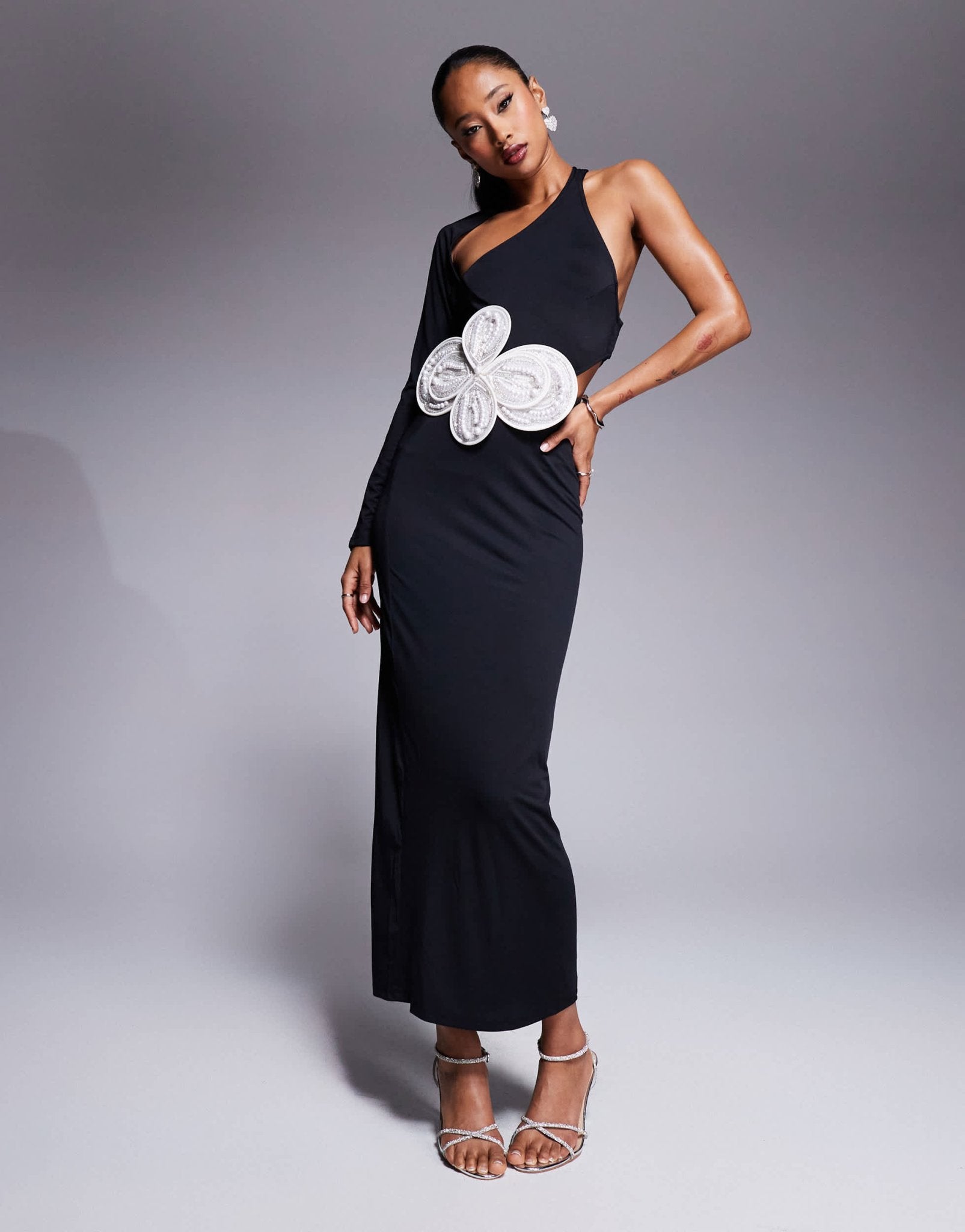 ASOS DESIGN wrap around one shoulder midi dress with oversized contrast floral embellishment in black - ASOS Sample Sale