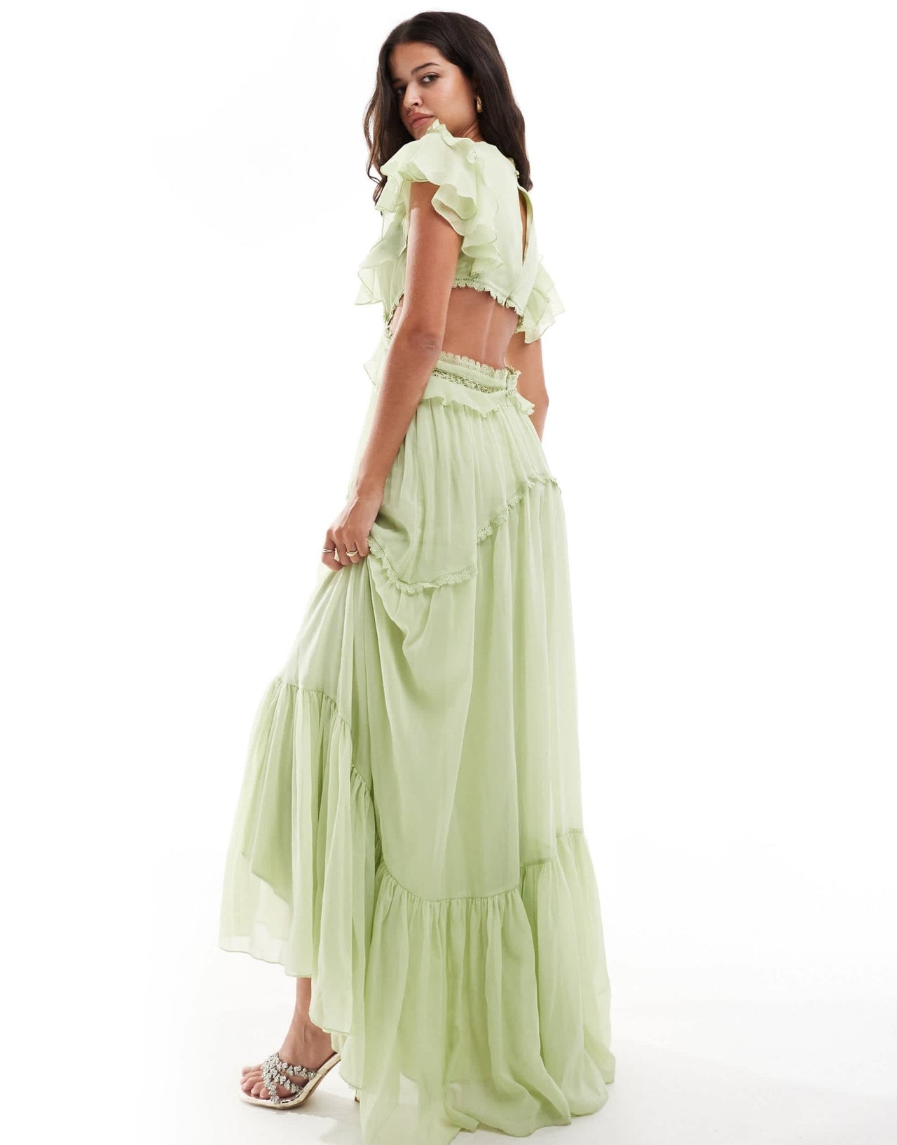 ASOS DESIGN wrap flutter sleeve maxi dress with lace trim in sage green - ASOS Sample Sale