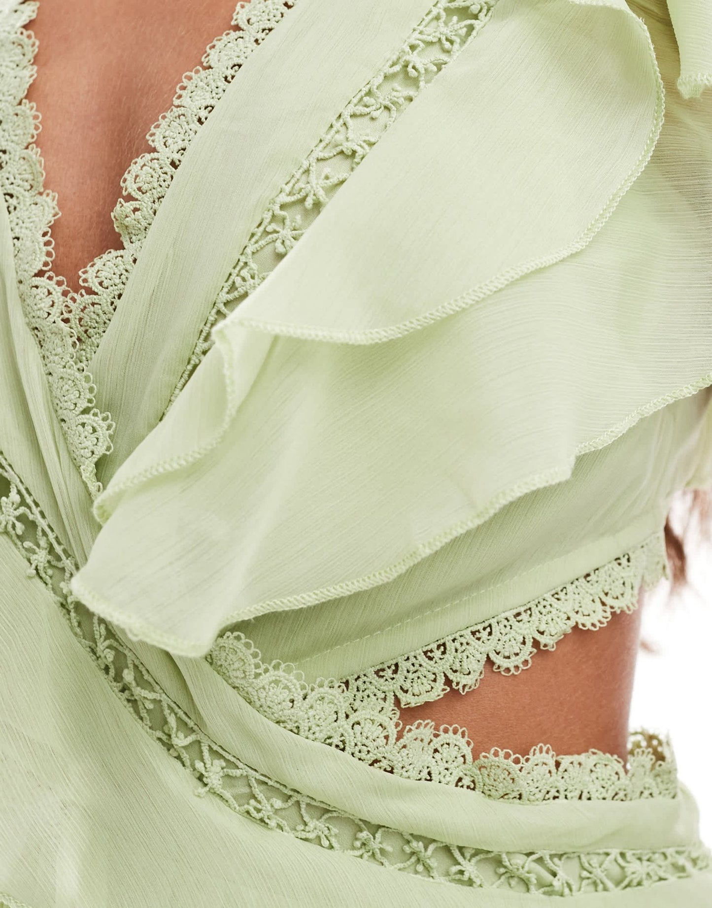ASOS DESIGN wrap flutter sleeve maxi dress with lace trim in sage green - ASOS Sample Sale