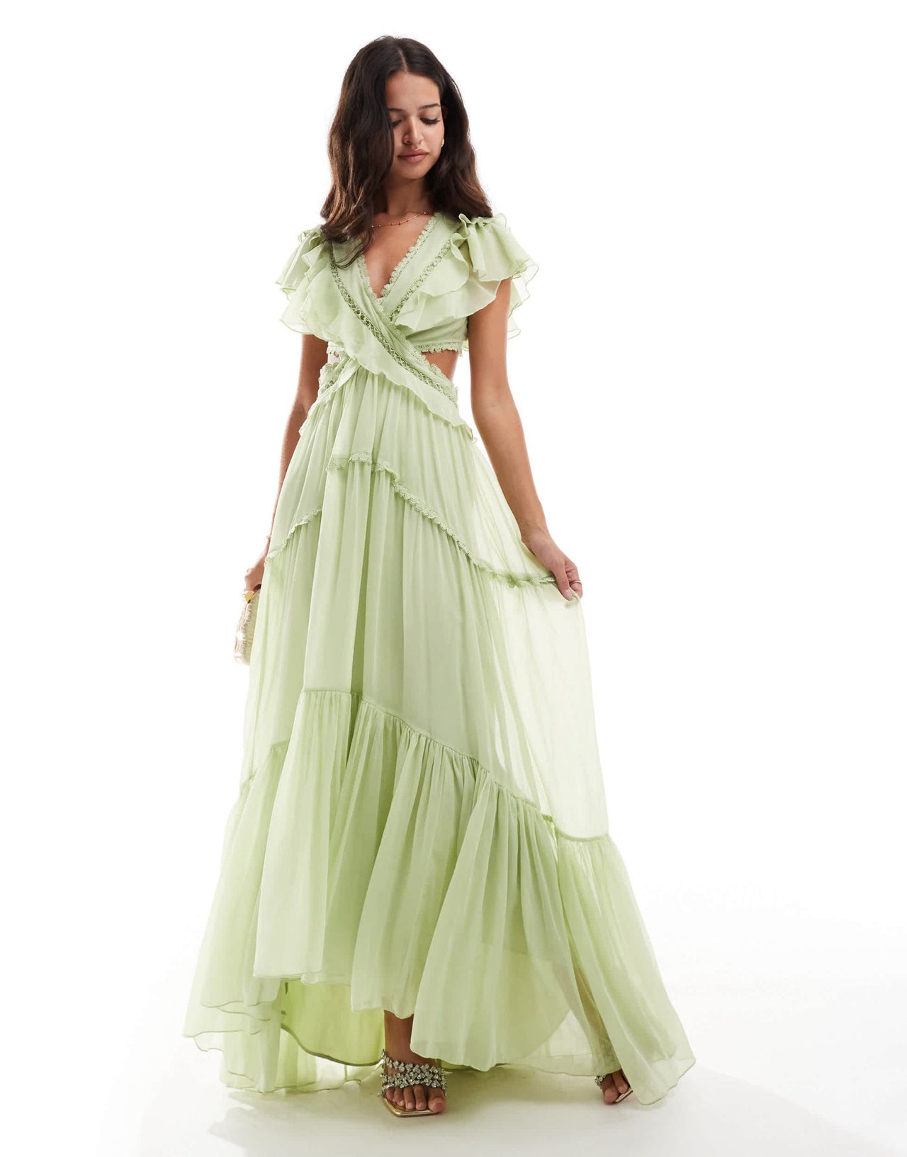 ASOS DESIGN wrap flutter sleeve maxi dress with lace trim in sage green - ASOS Sample Sale