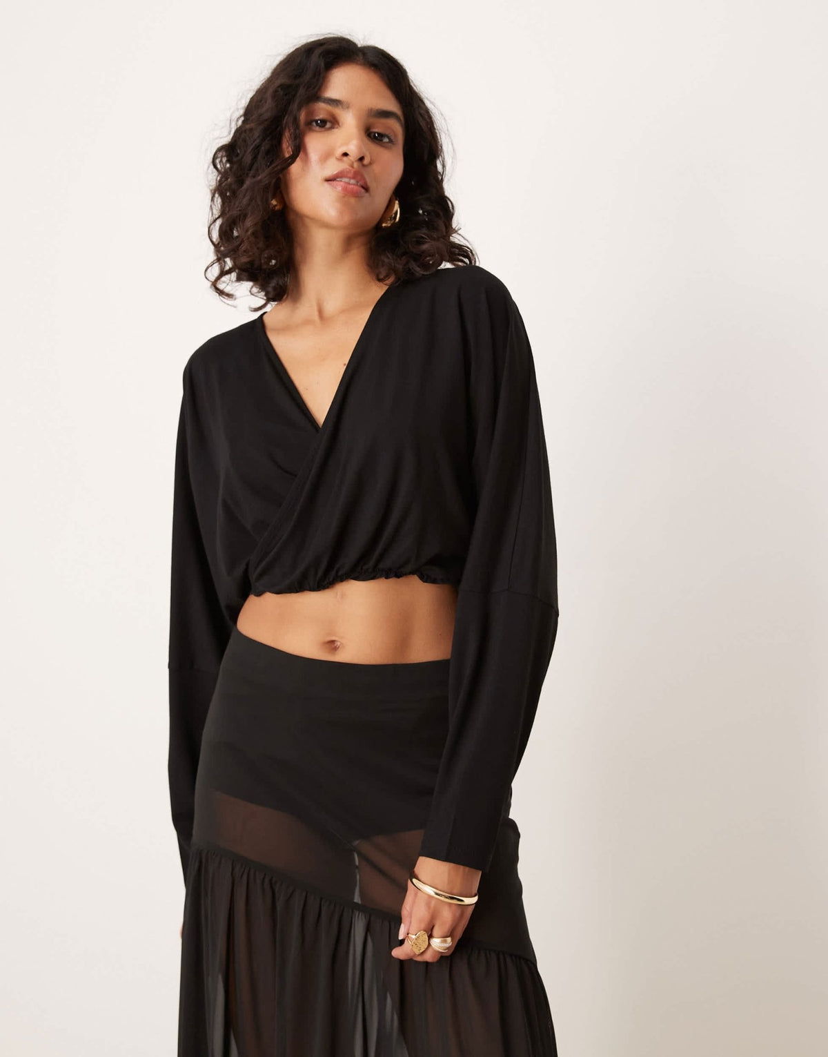 ASOS DESIGN wrap front long sleeve batwing top in black - ASOS Sample Sale