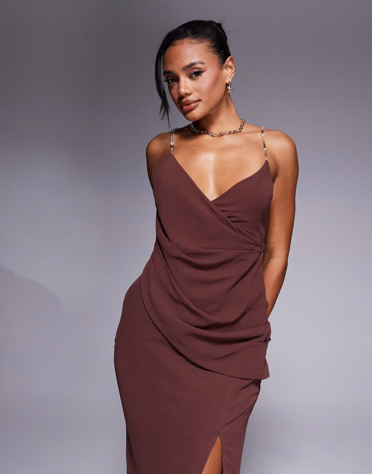 ASOS DESIGN wrap front maxi dress with embellished strap details in chocolate - ASOS Sample Sale