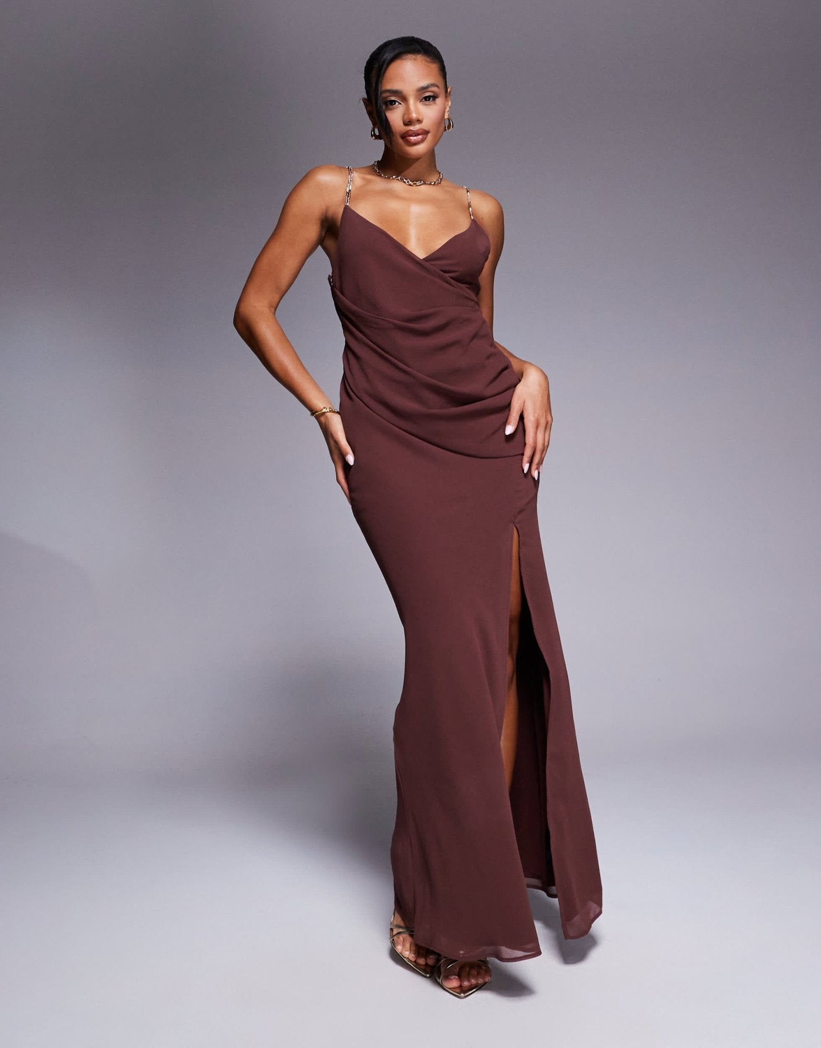ASOS DESIGN wrap front maxi dress with embellished strap details in chocolate - ASOS Sample Sale