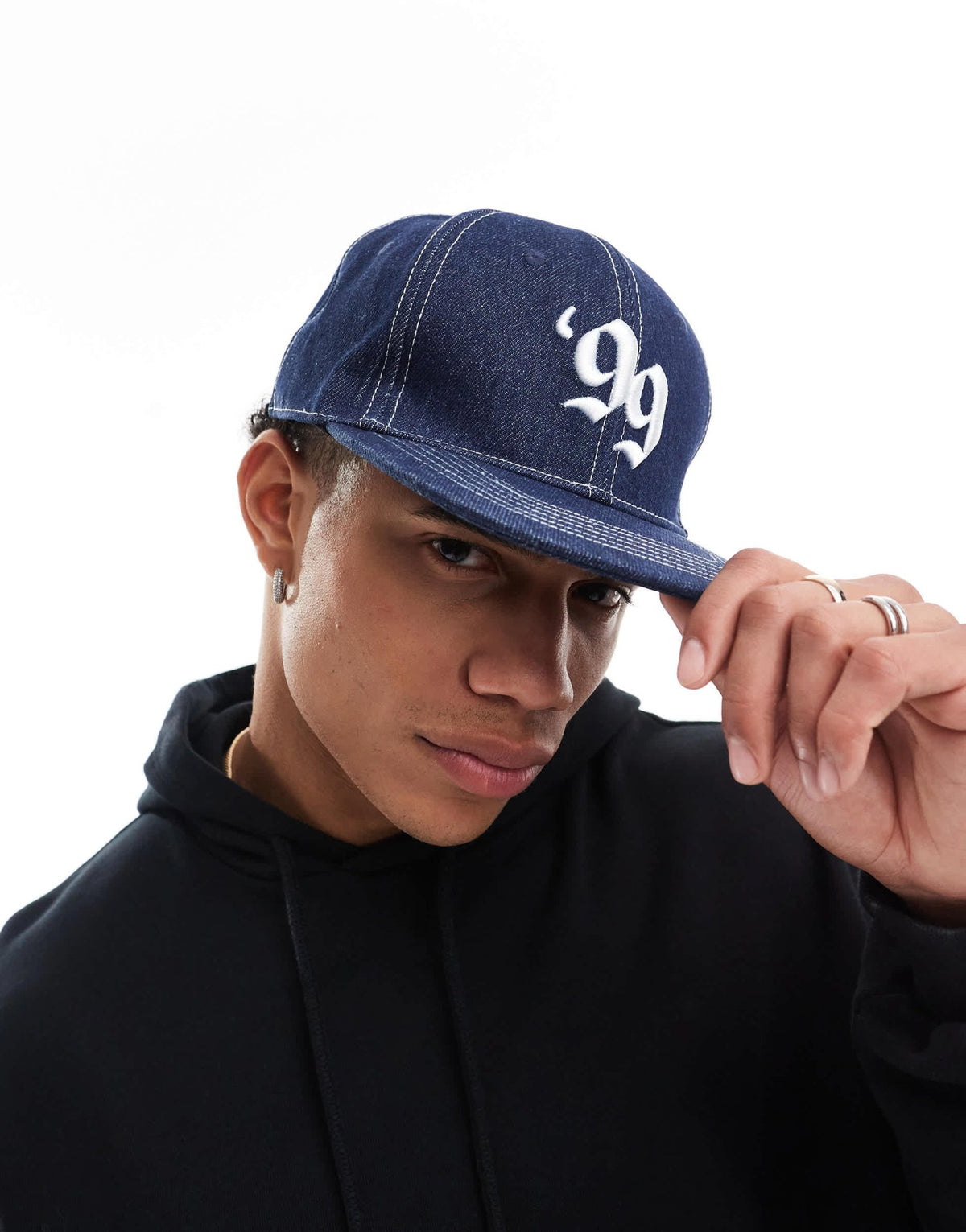 ASOS DESIGN y2k fitted cap in denim with embroidery and topstitch detail - ASOS Sample Sale