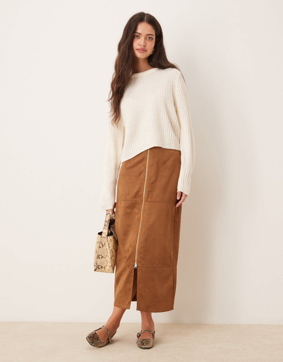 ASOS DESIGN zip detail faux suede maxi skirt in brown - KHAKI - ASOS Sample Sale