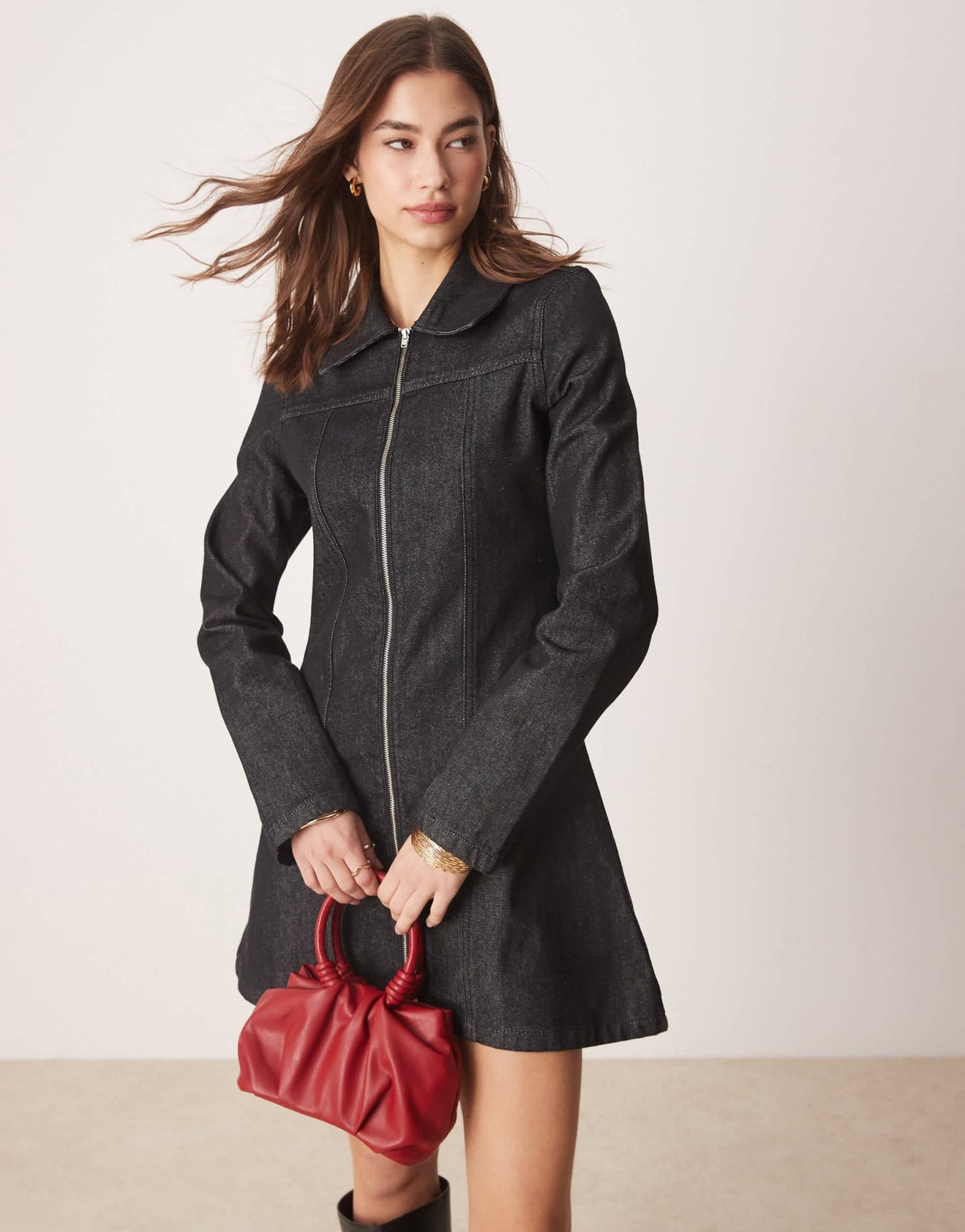 ASOS DESIGN zip front denim shirt dress in black ecru - ASOS Sample Sale