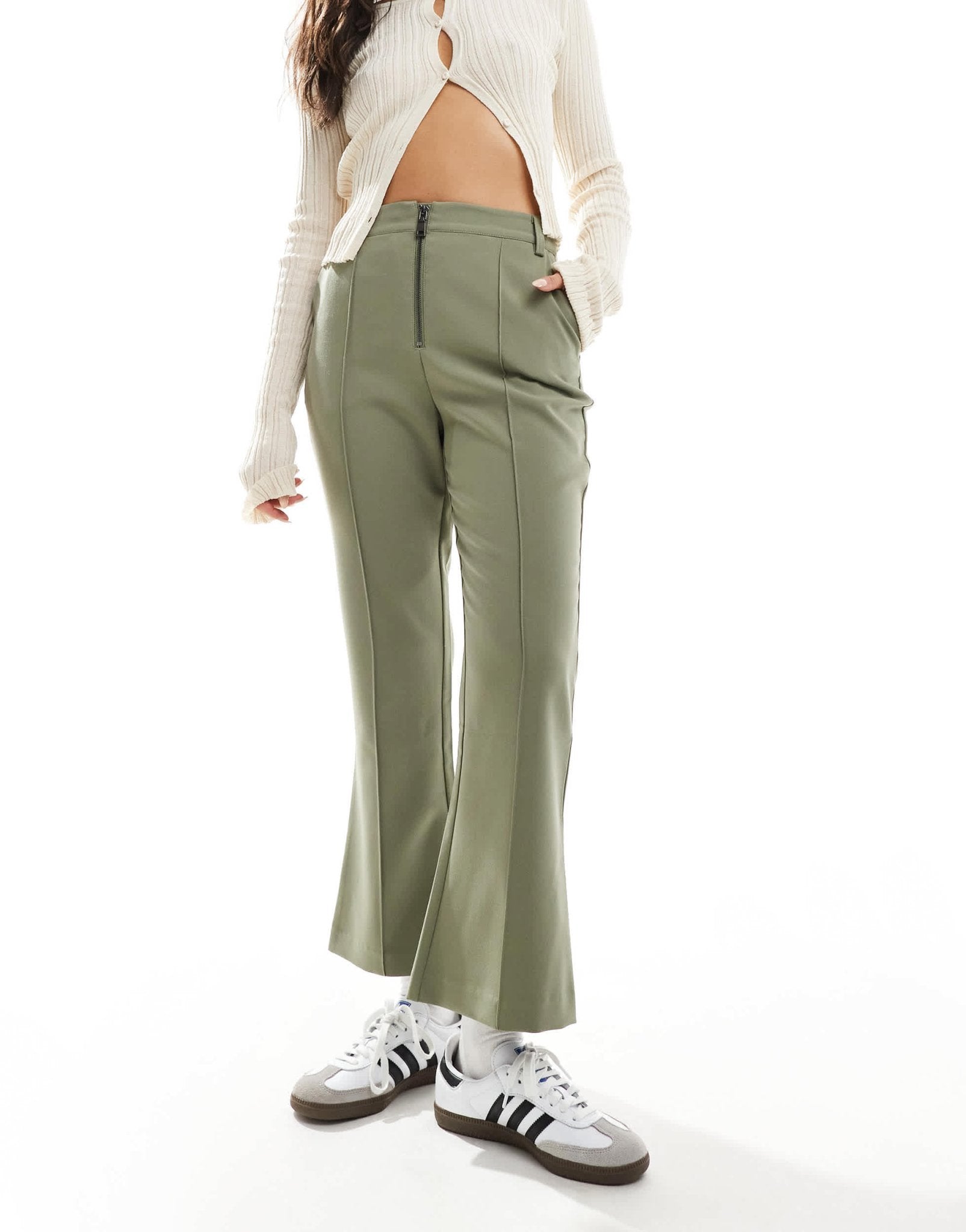 ASOS DESIGN zip front kick flare tailored trouser in green - ASOS Sample Sale