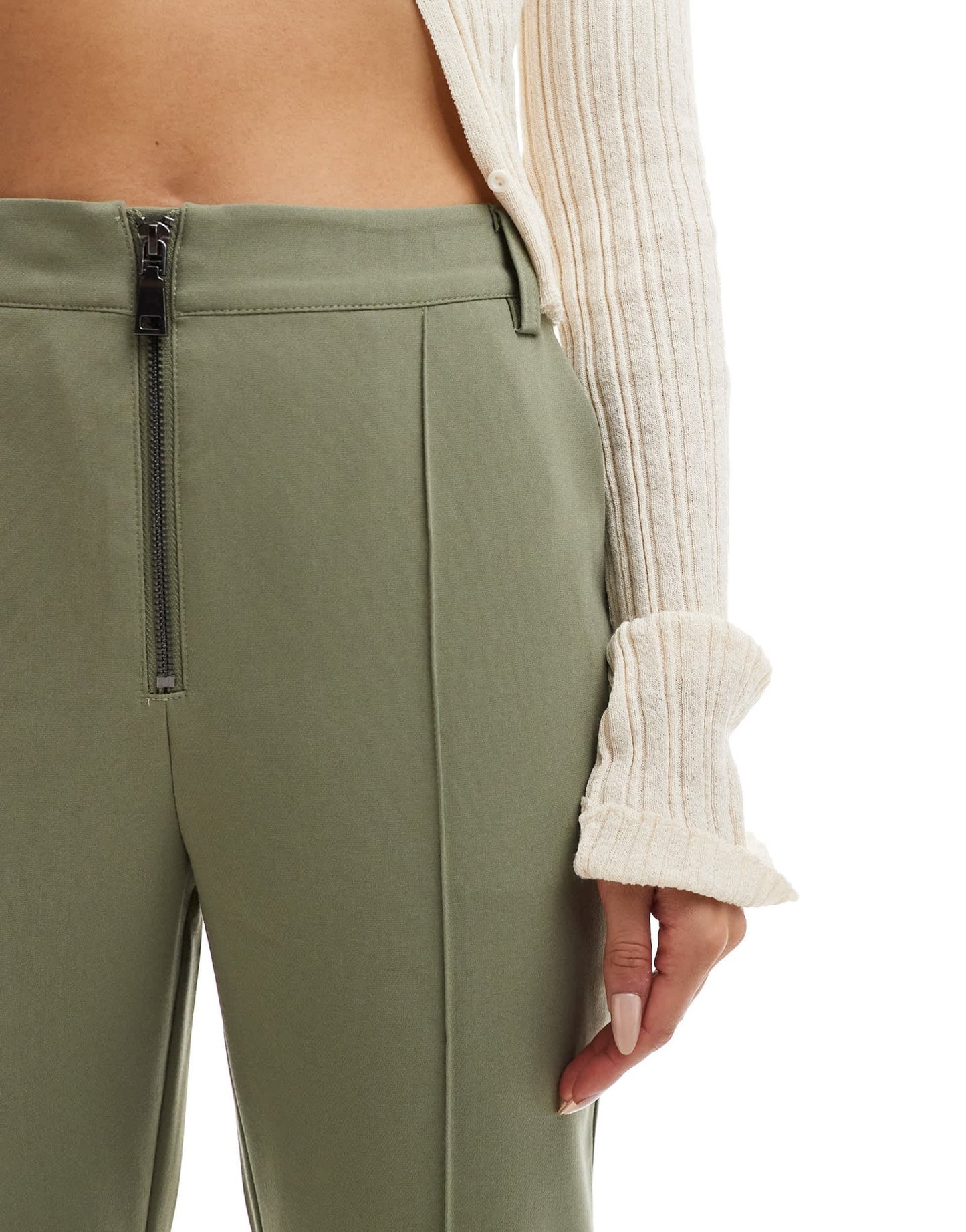 ASOS DESIGN zip front kick flare tailored trouser in green - ASOS Sample Sale