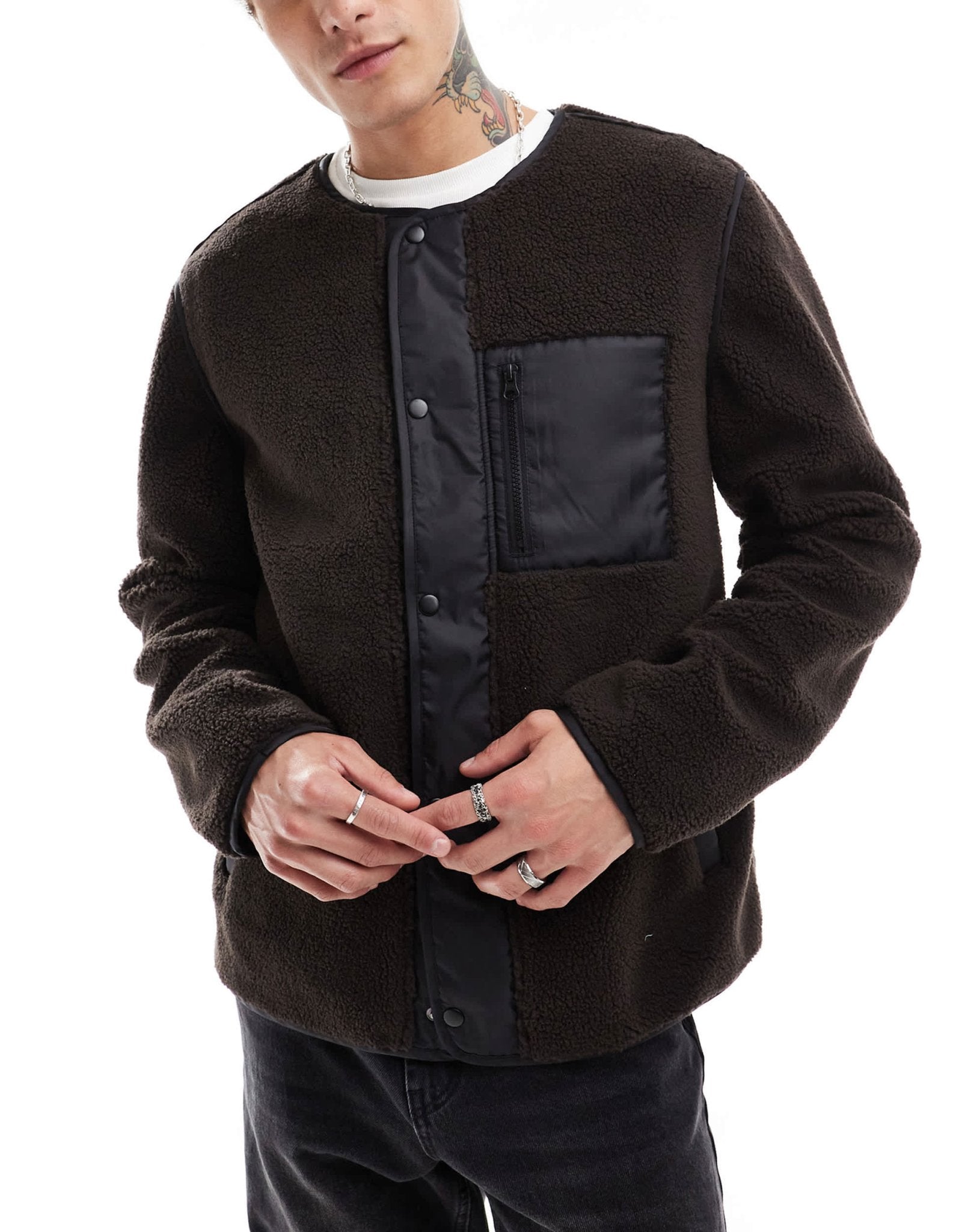 ASOS DESIGN zip through fleece jacket with pocket in brown - ASOS Sample Sale