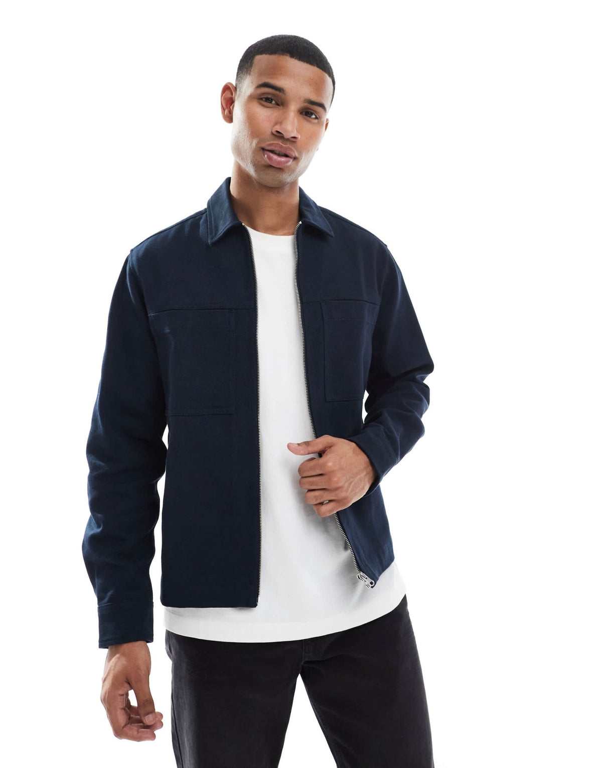 ASOS DESIGN zip through heavyweight twill overshirt in navy - ASOS Sample Sale