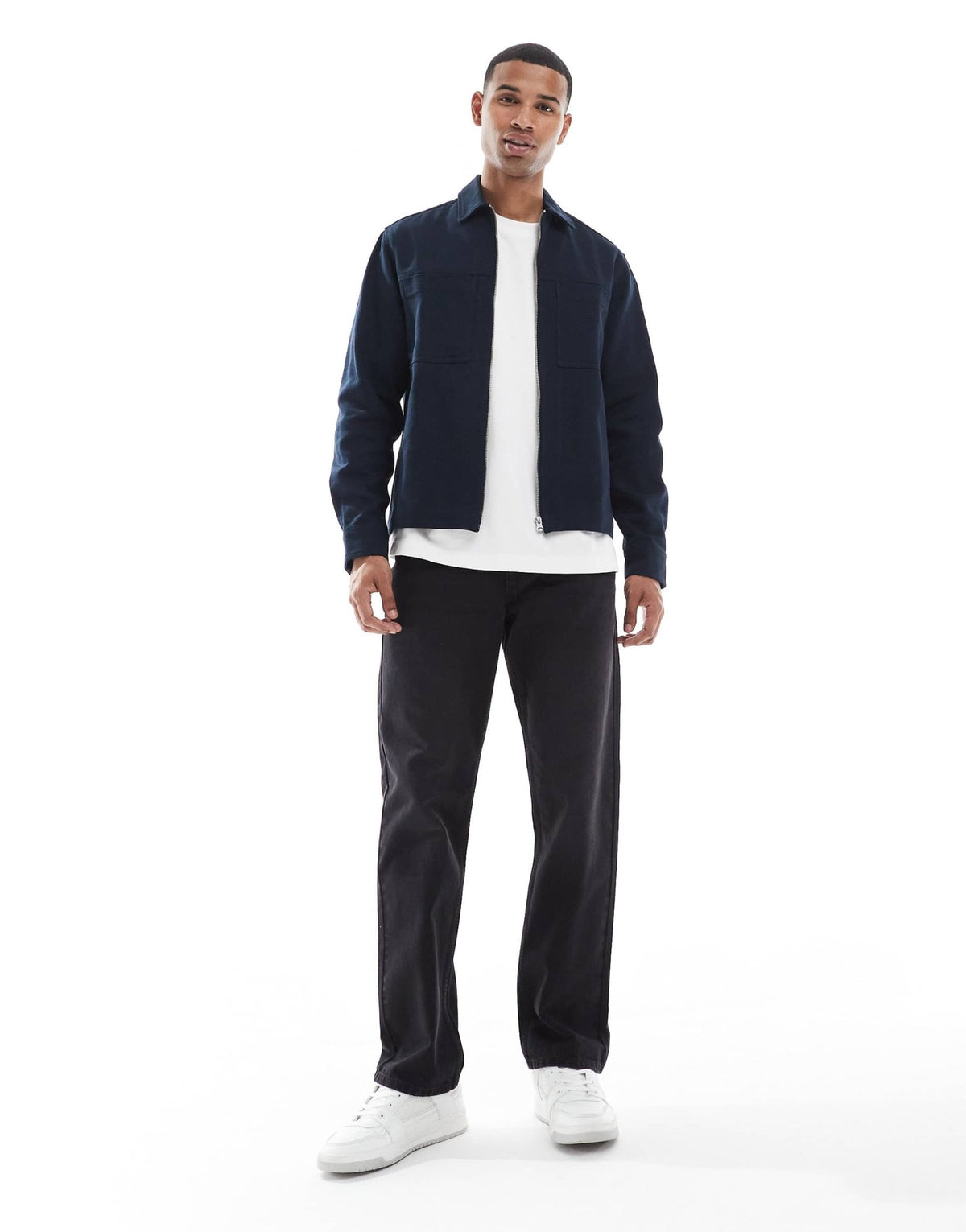 ASOS DESIGN zip through heavyweight twill overshirt in navy - ASOS Sample Sale