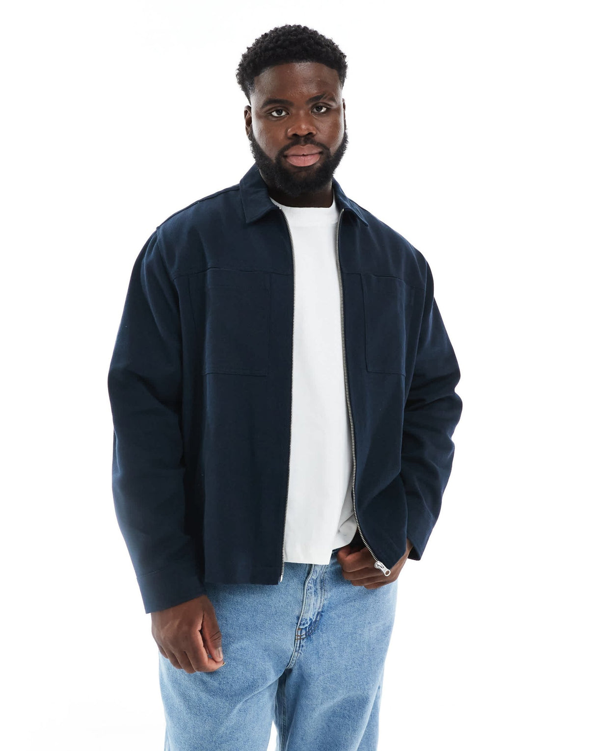 ASOS DESIGN zip through heavyweight twill overshirt in navy - ASOS Sample Sale