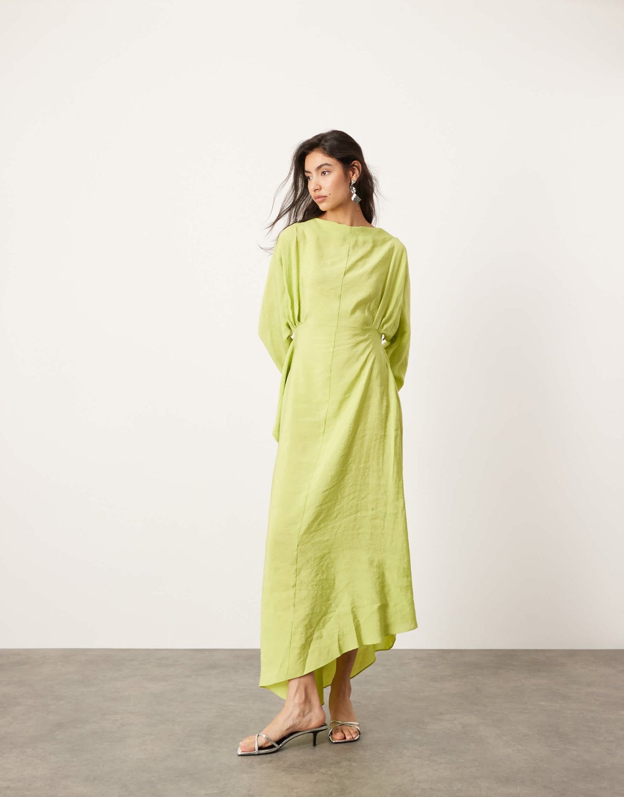 ASOS EDITION asymmetric long sleeve maxi dress with open back in lime green - ASOS Sample Sale