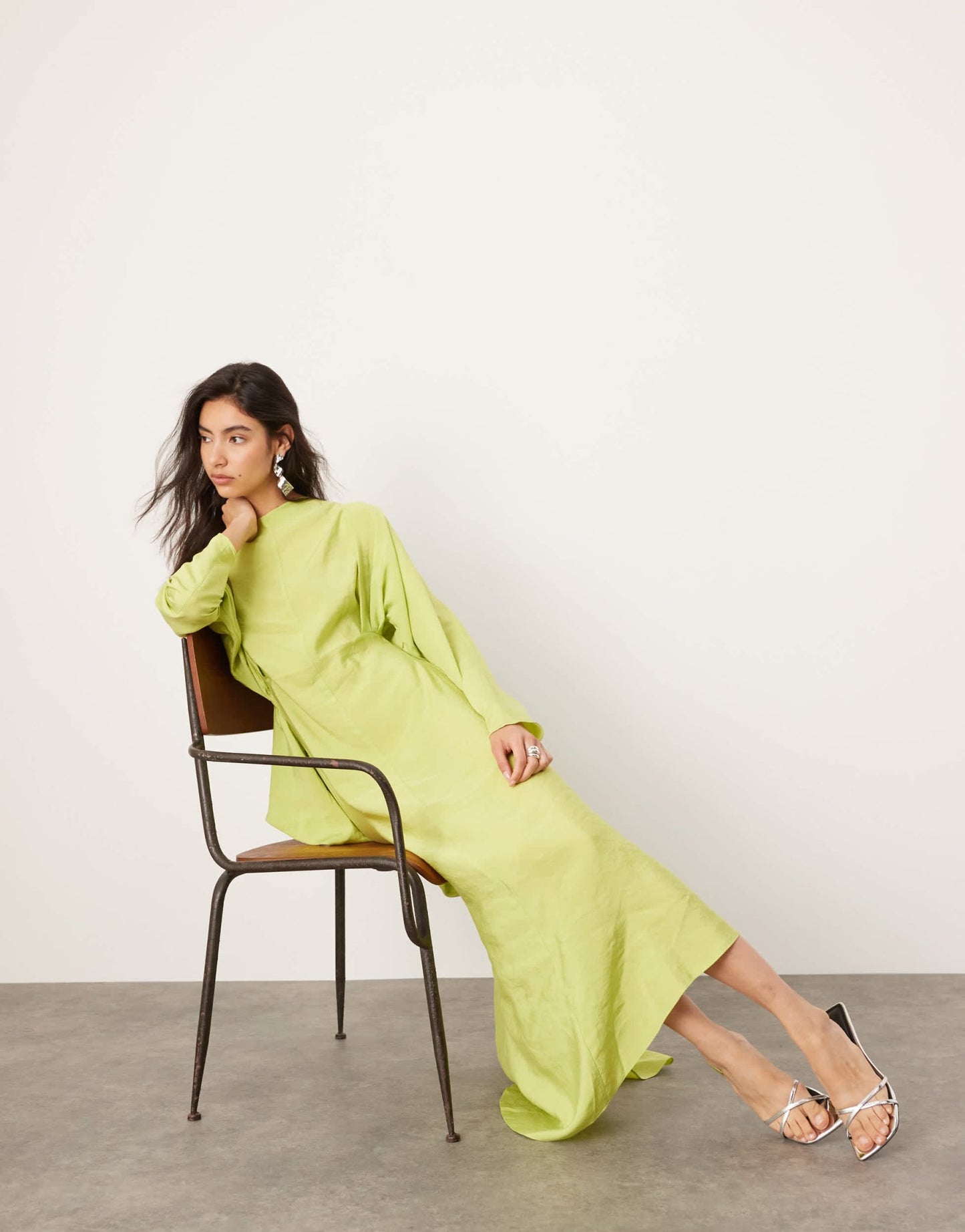 ASOS EDITION asymmetric long sleeve maxi dress with open back in lime green - ASOS Sample Sale