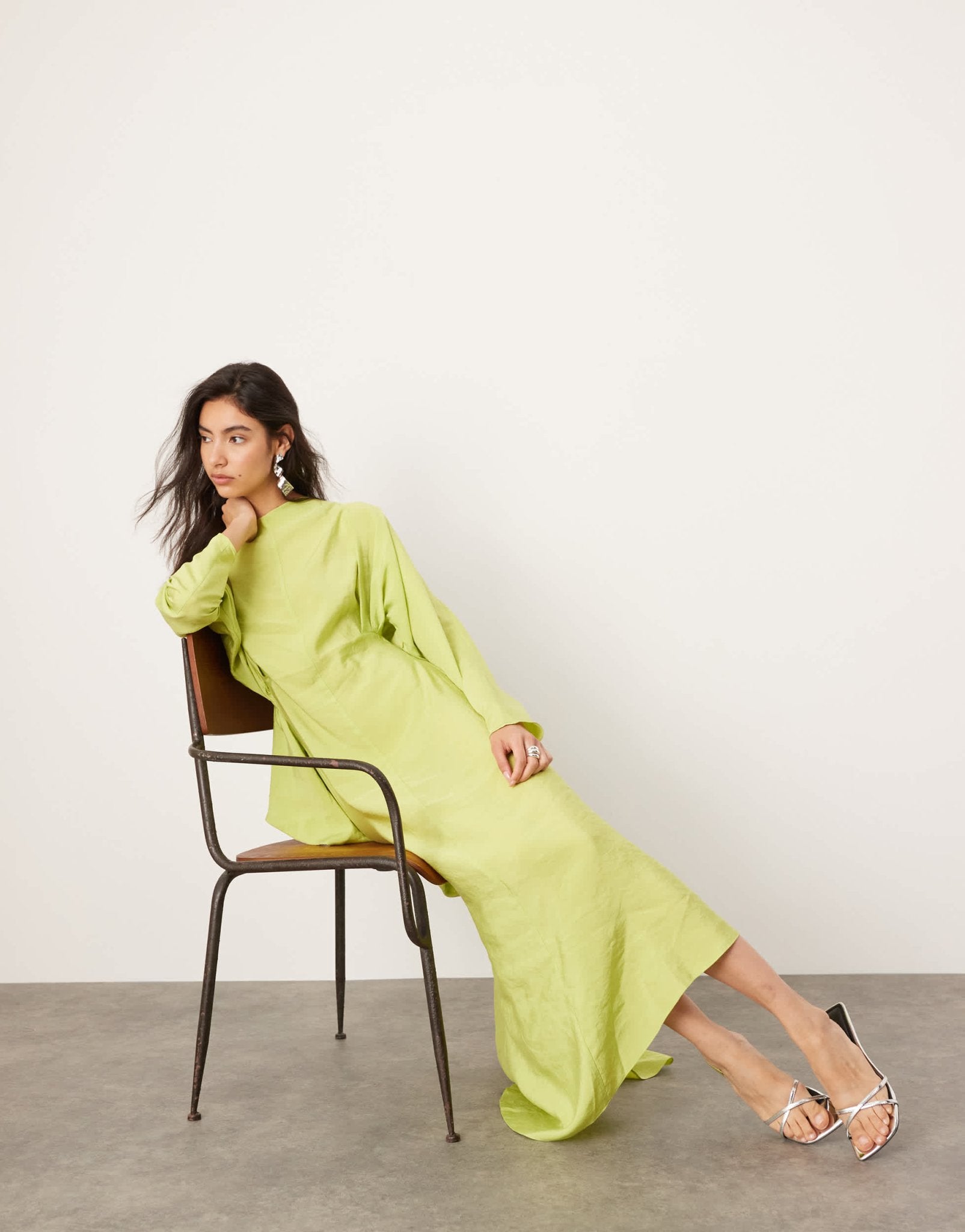 ASOS EDITION asymmetric long sleeve maxi dress with open back in lime green - ASOS Sample Sale