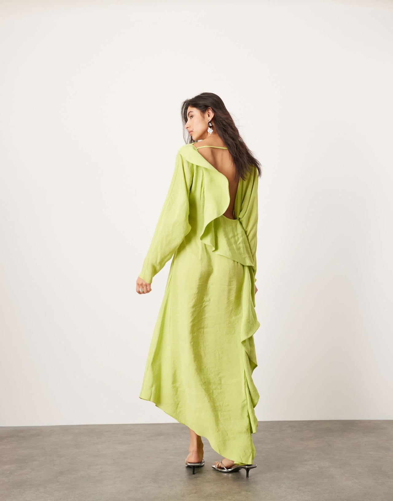 ASOS EDITION asymmetric long sleeve maxi dress with open back in lime green - ASOS Sample Sale