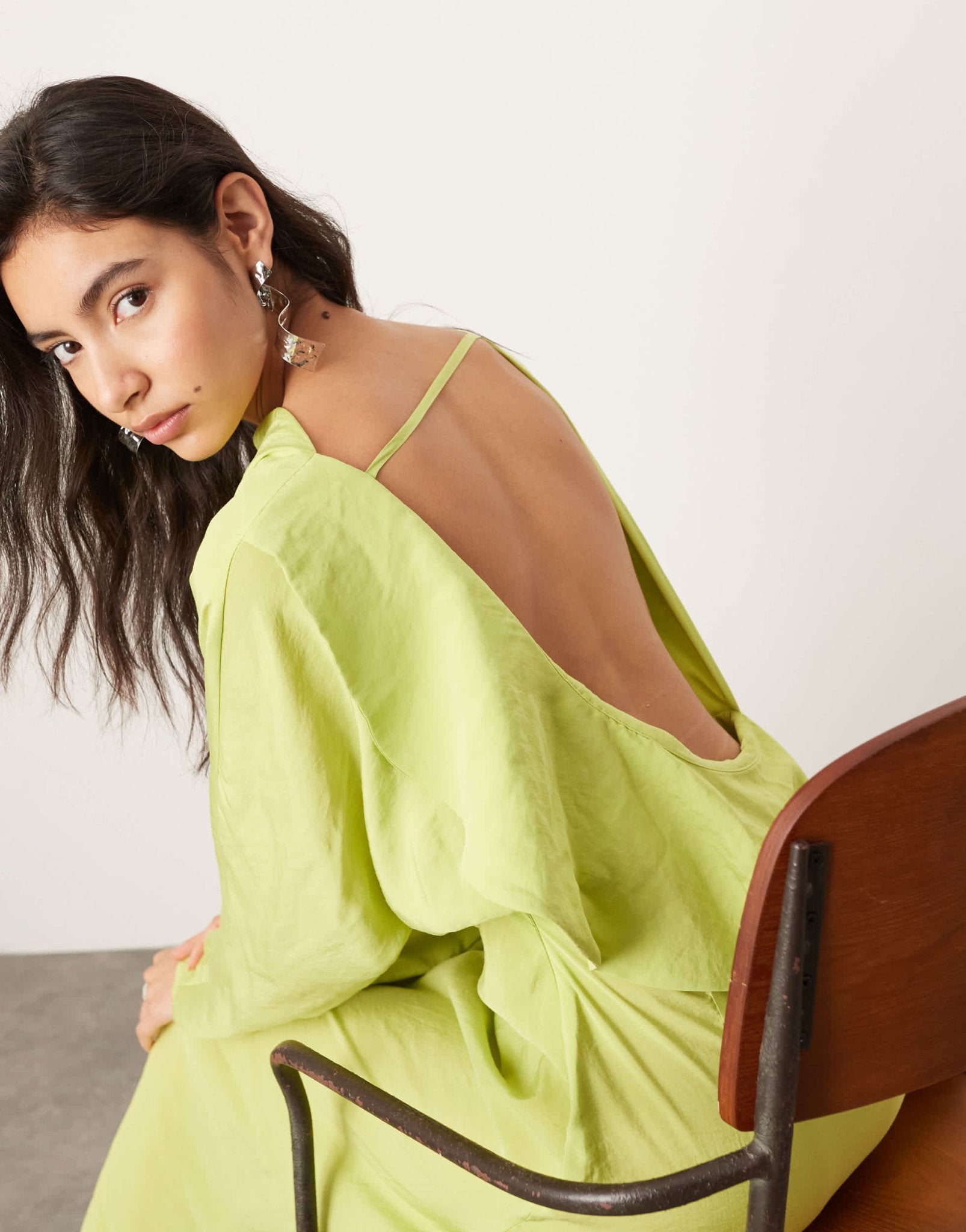 ASOS EDITION asymmetric long sleeve maxi dress with open back in lime green - ASOS Sample Sale