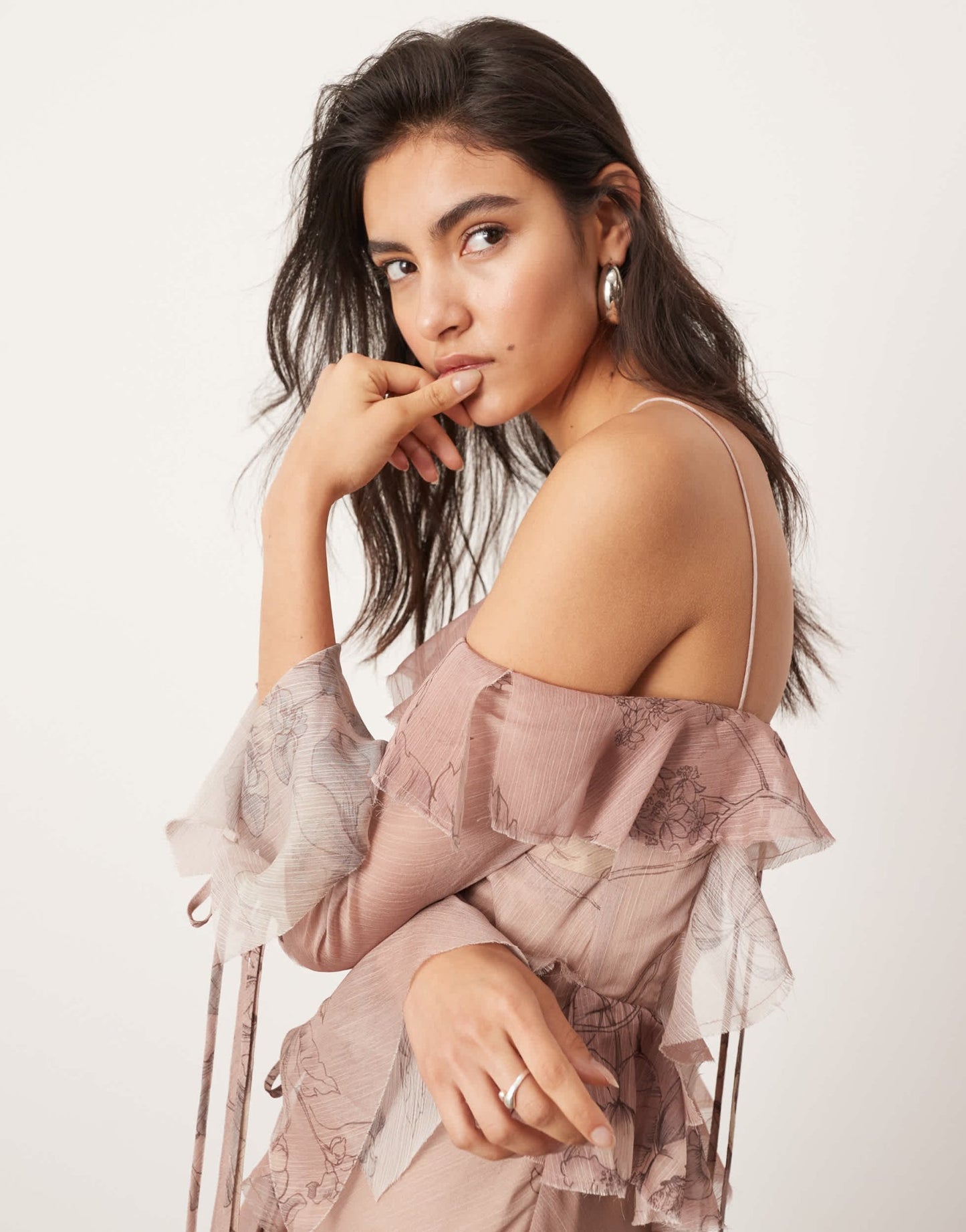 ASOS EDITION chiffon halter cold shoulder raw edge ruffle maxi dress in blush floral print - ASOS Sample Sale