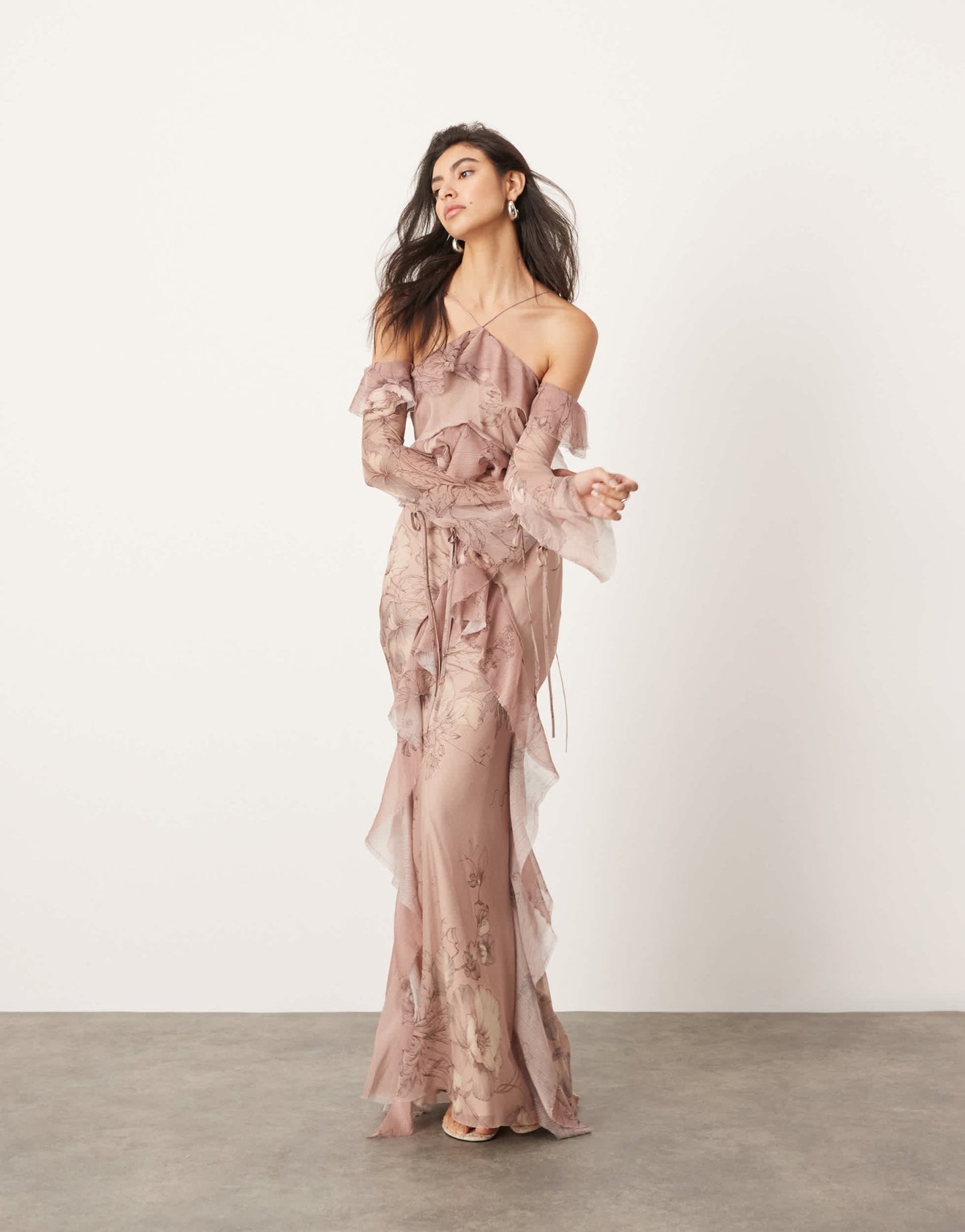 ASOS EDITION chiffon halter cold shoulder raw edge ruffle maxi dress in blush floral print - ASOS Sample Sale