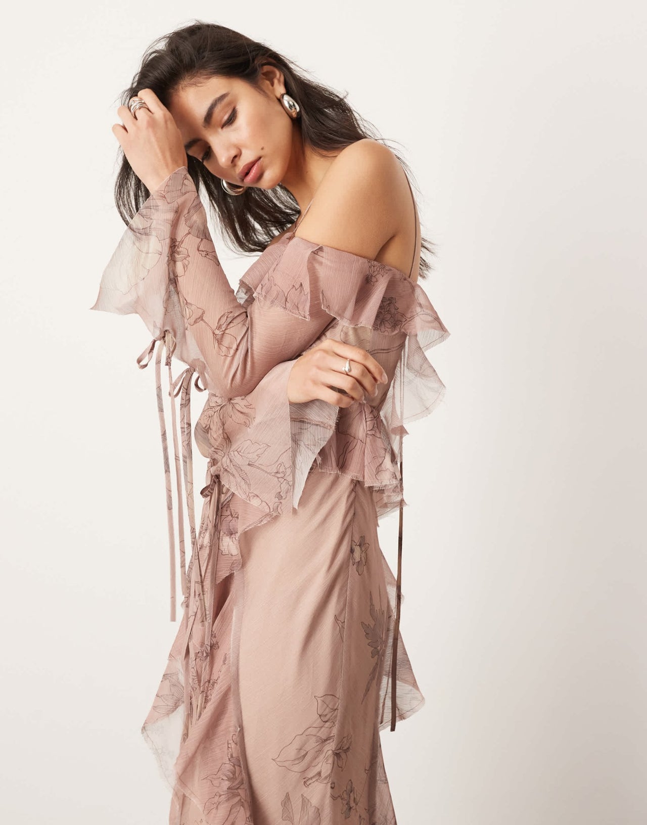 ASOS EDITION chiffon halter cold shoulder raw edge ruffle maxi dress in blush floral print - ASOS Sample Sale
