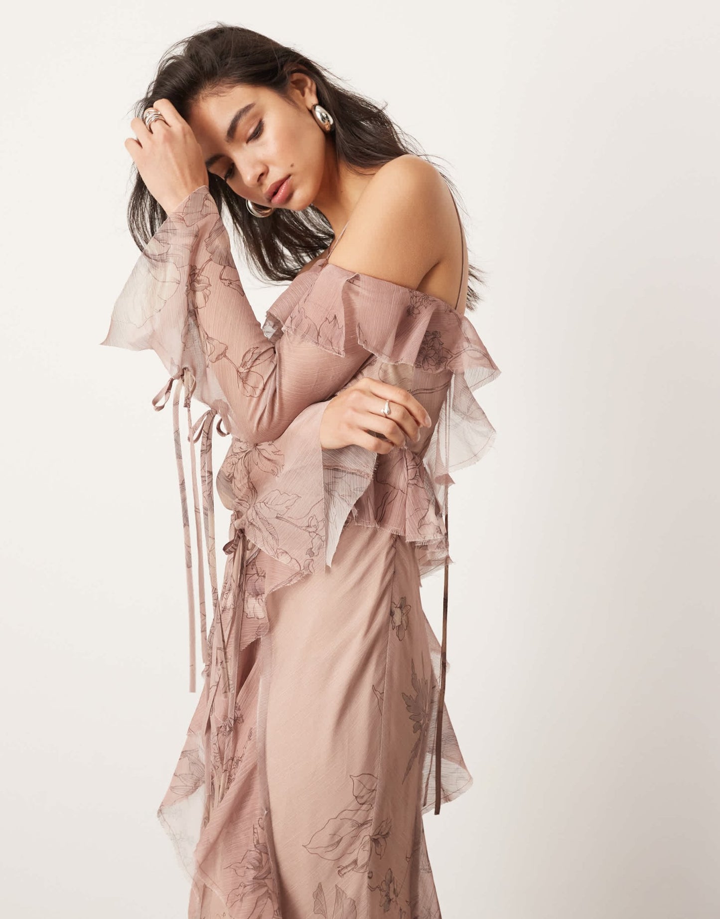 ASOS EDITION chiffon halter cold shoulder raw edge ruffle maxi dress in blush floral print - ASOS Sample Sale