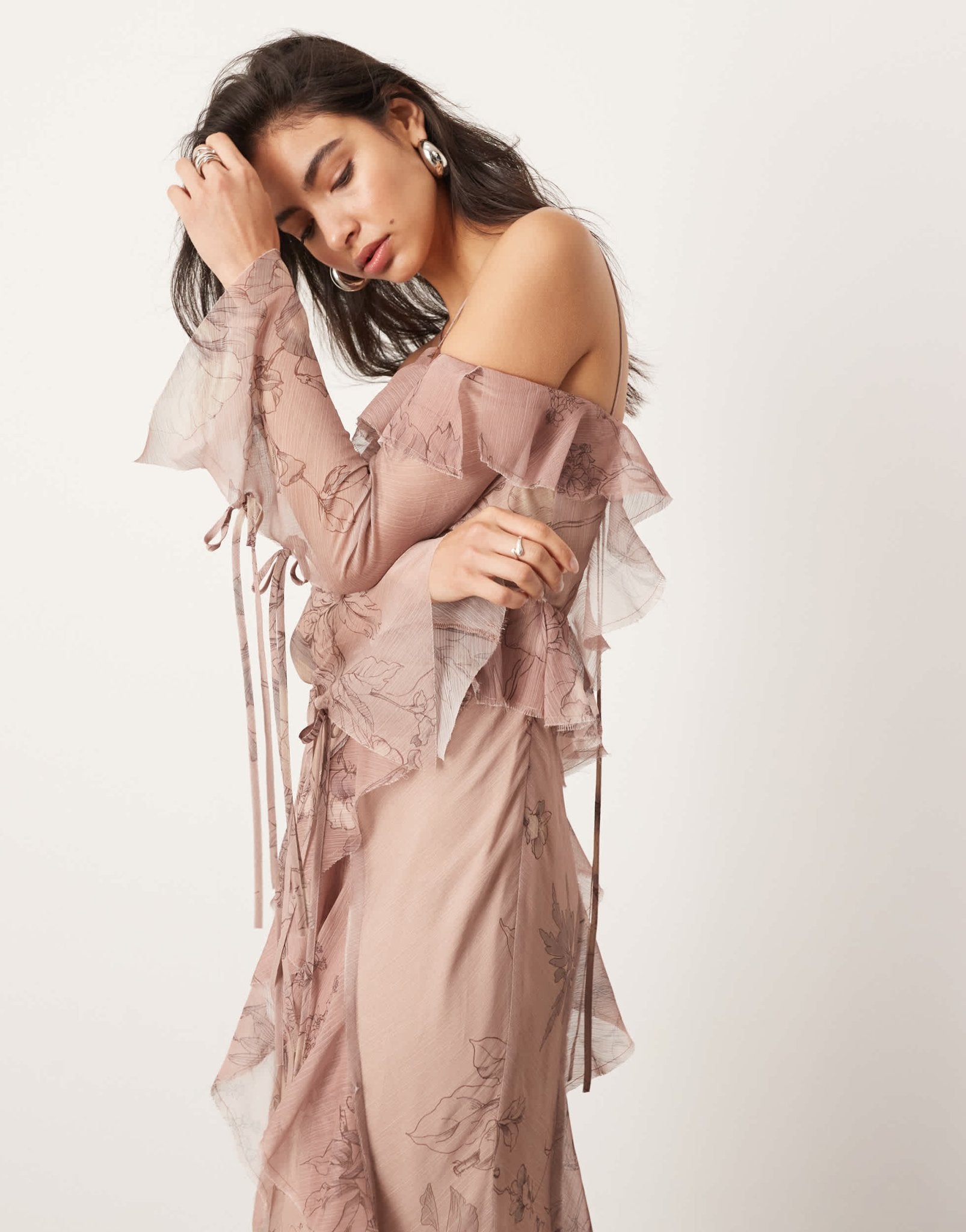 ASOS EDITION chiffon halter cold shoulder raw edge ruffle maxi dress in blush floral print - ASOS Sample Sale