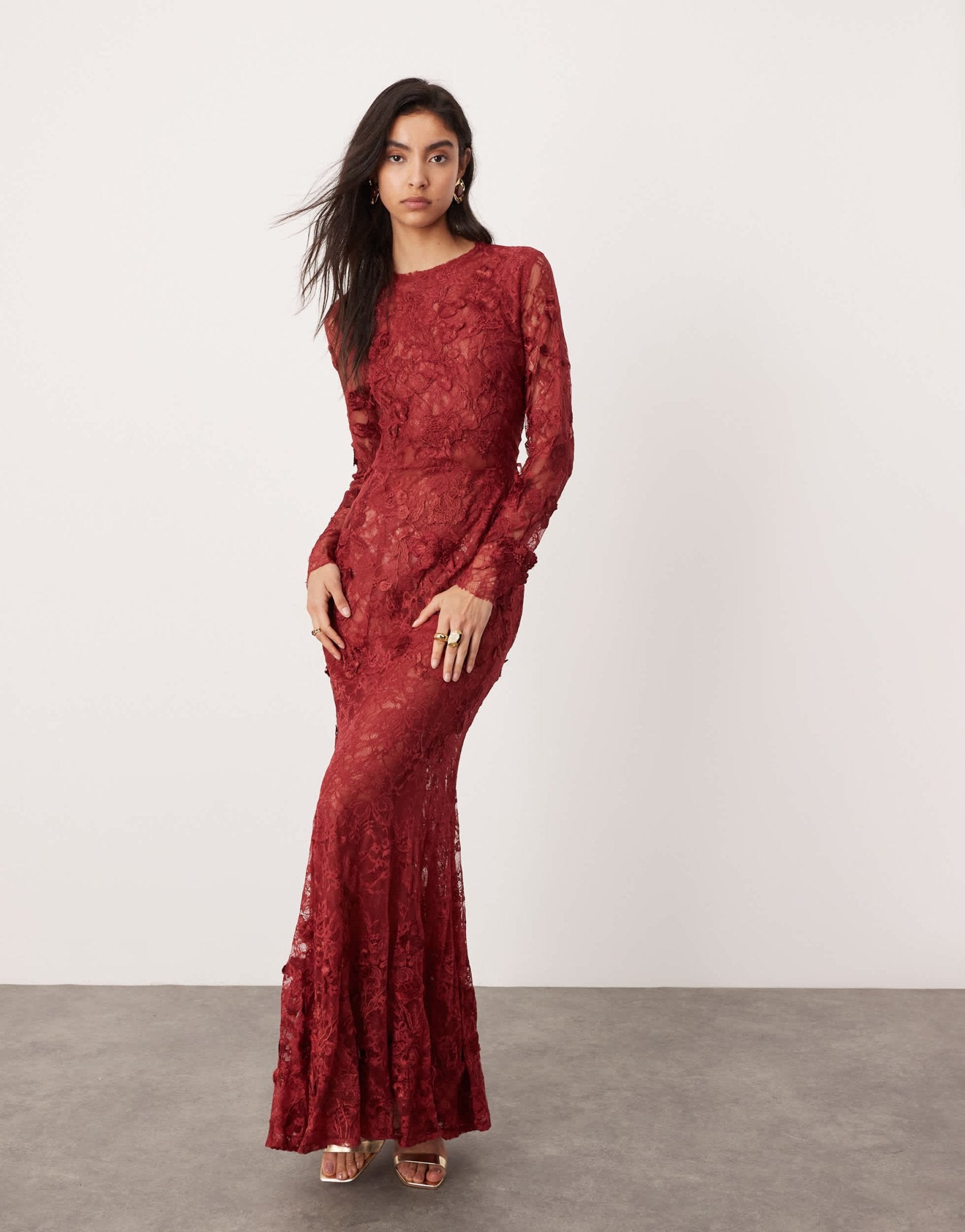 ASOS EDITION embroidered floral long sleeve lace open back maxi dress in burgundy - ASOS Sample Sale