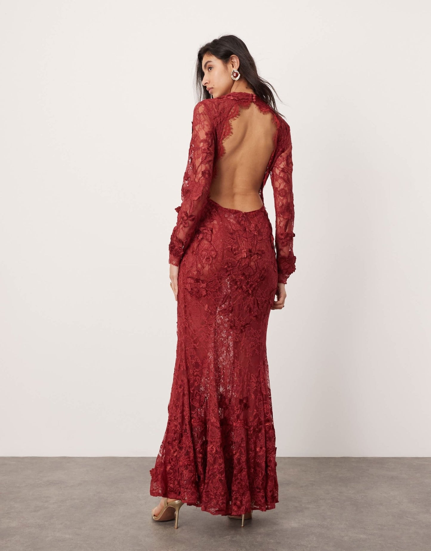 ASOS EDITION embroidered floral long sleeve lace open back maxi dress in burgundy - ASOS Sample Sale