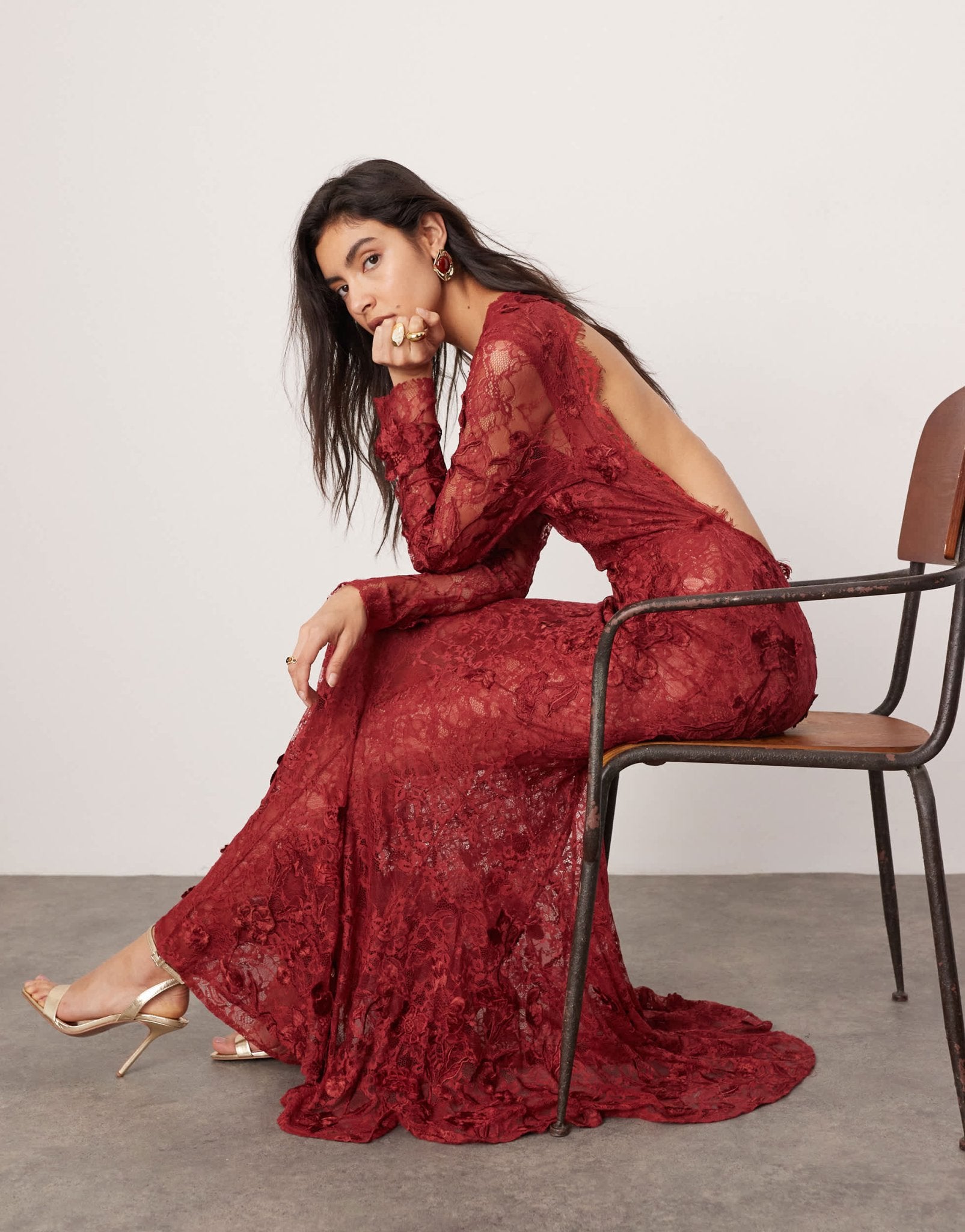 ASOS EDITION embroidered floral long sleeve lace open back maxi dress in burgundy - ASOS Sample Sale