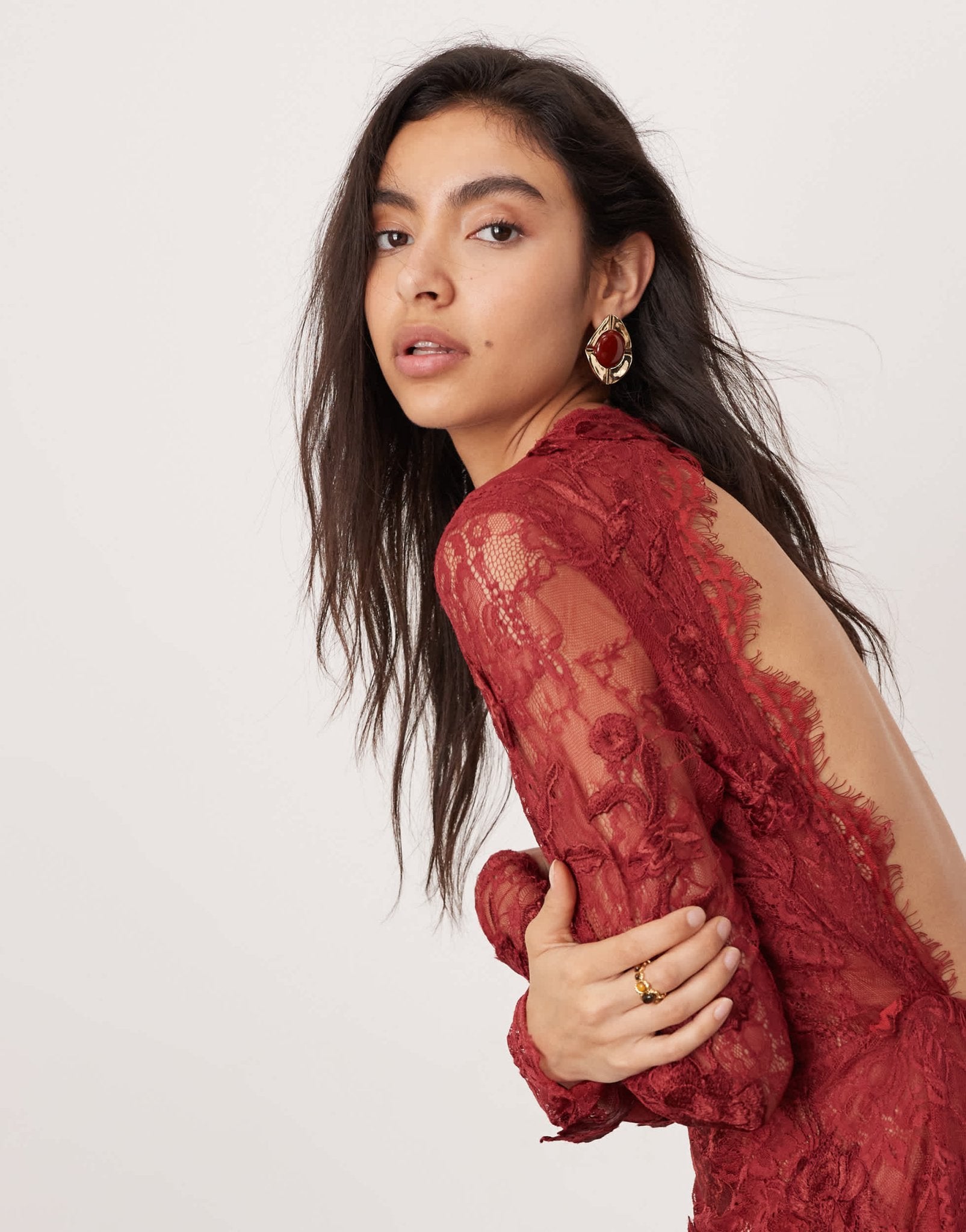 ASOS EDITION embroidered floral long sleeve lace open back maxi dress in burgundy - ASOS Sample Sale