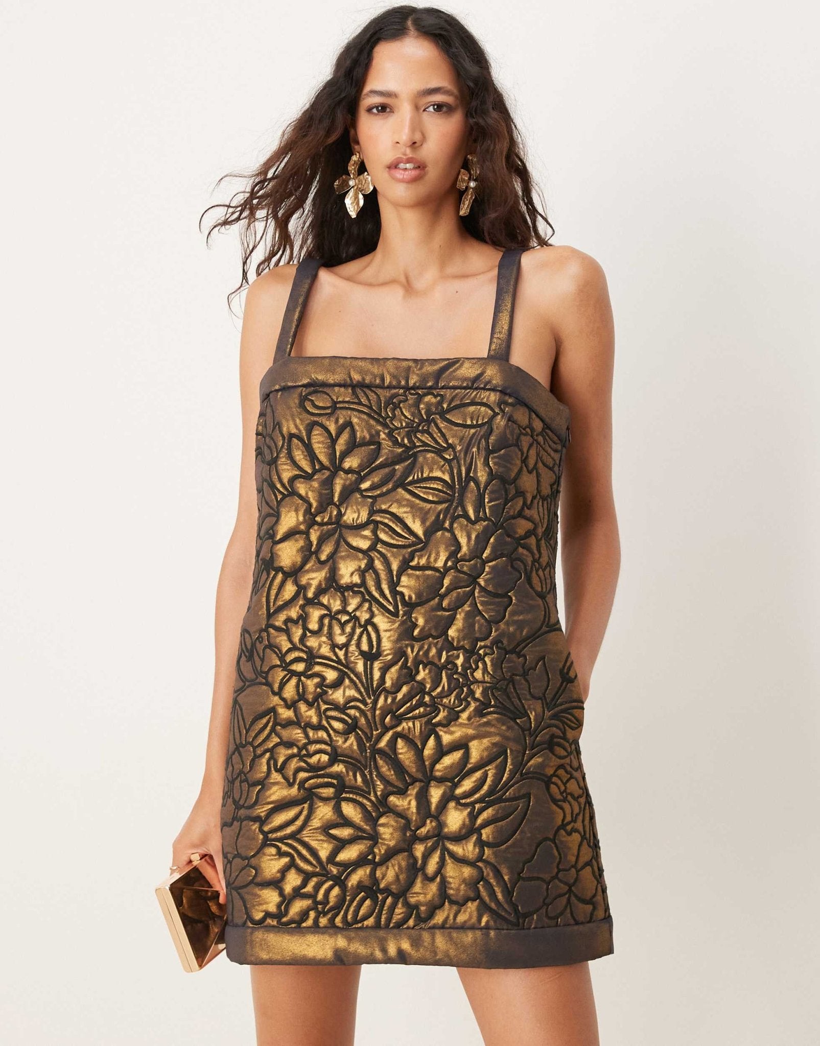 ASOS EDITION embroidered quilted metallic cami shift mini dress in gold - ASOS Sample Sale