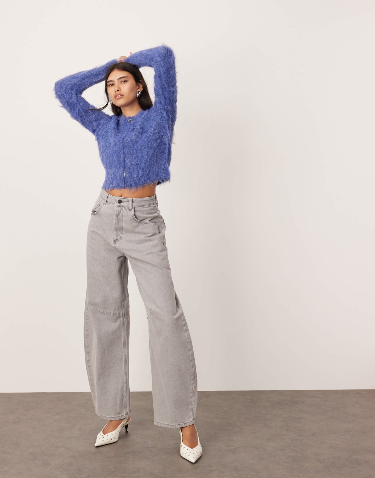 ASOS EDITION fluffy knit zip through cropped cardigan in denim blue - ASOS Sample Sale