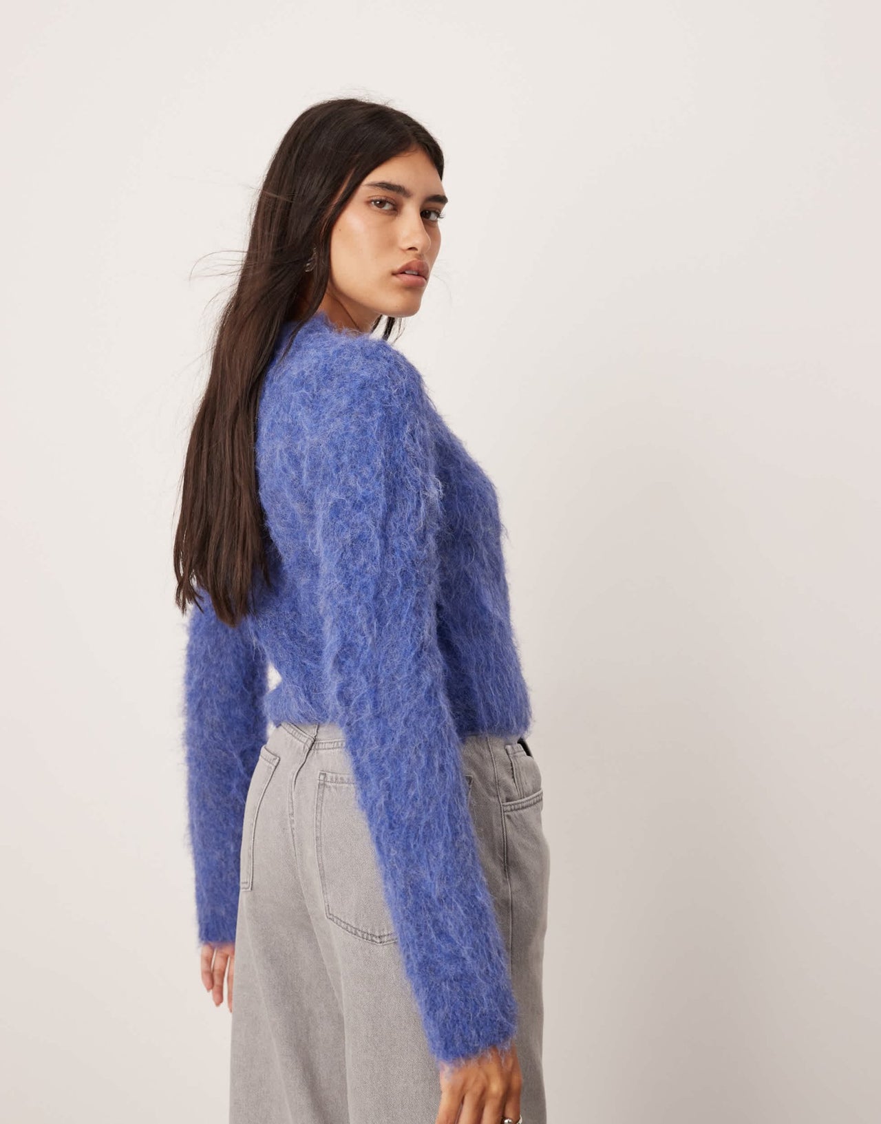 ASOS EDITION fluffy knit zip through cropped cardigan in denim blue - ASOS Sample Sale