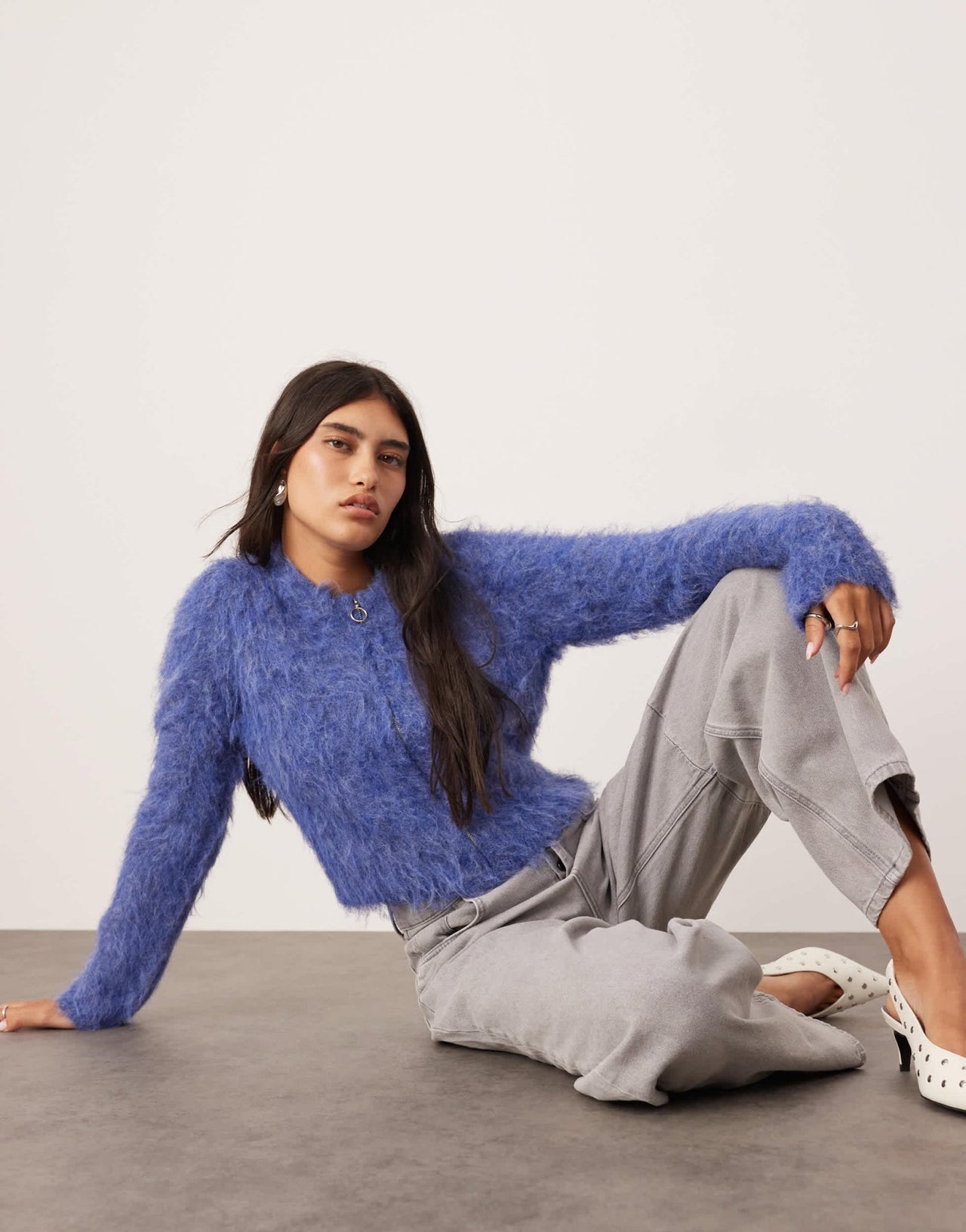 ASOS EDITION fluffy knit zip through cropped cardigan in denim blue - ASOS Sample Sale