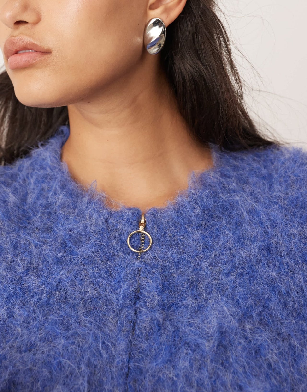 ASOS EDITION fluffy knit zip through cropped cardigan in denim blue - ASOS Sample Sale