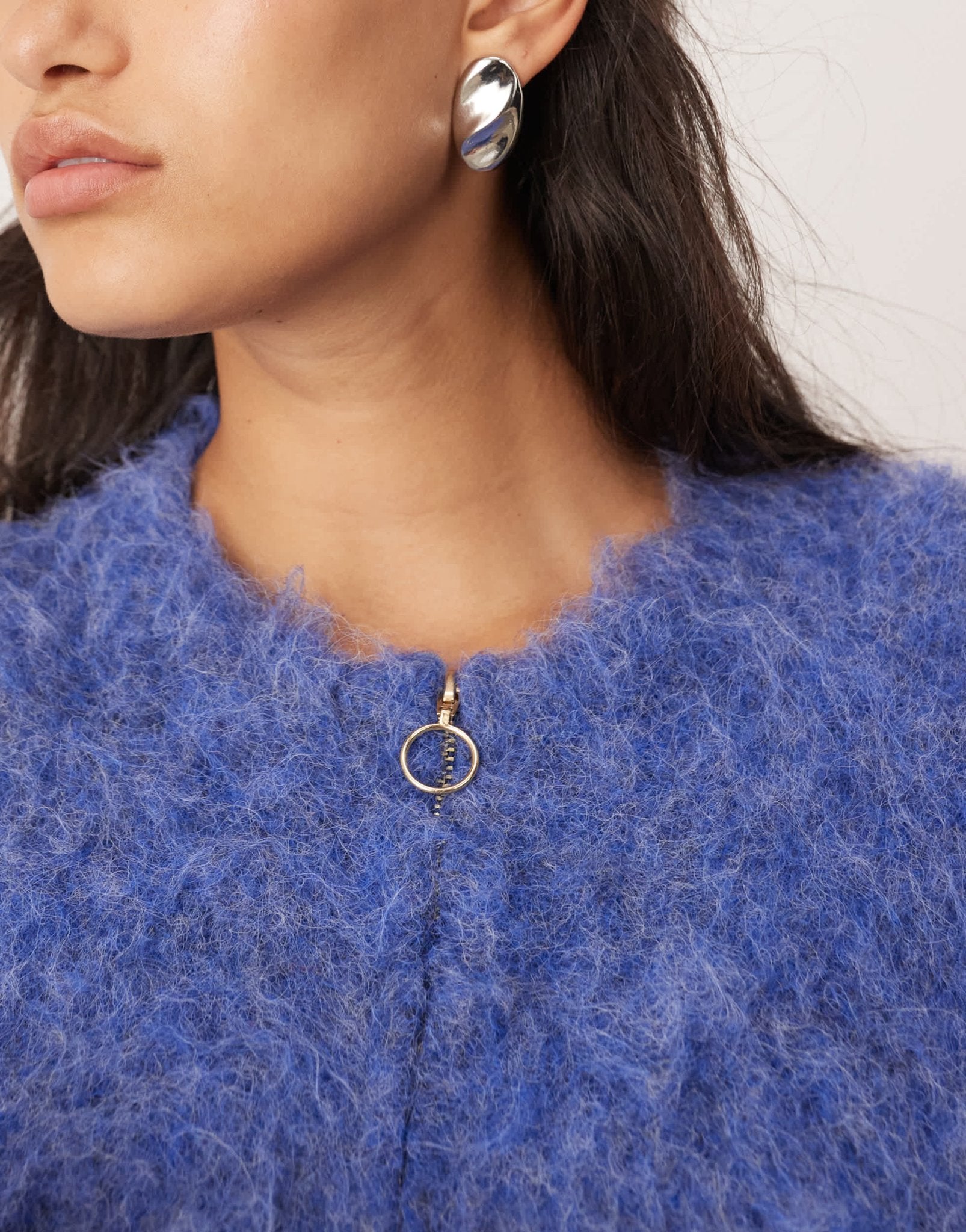 ASOS EDITION fluffy knit zip through cropped cardigan in denim blue - ASOS Sample Sale