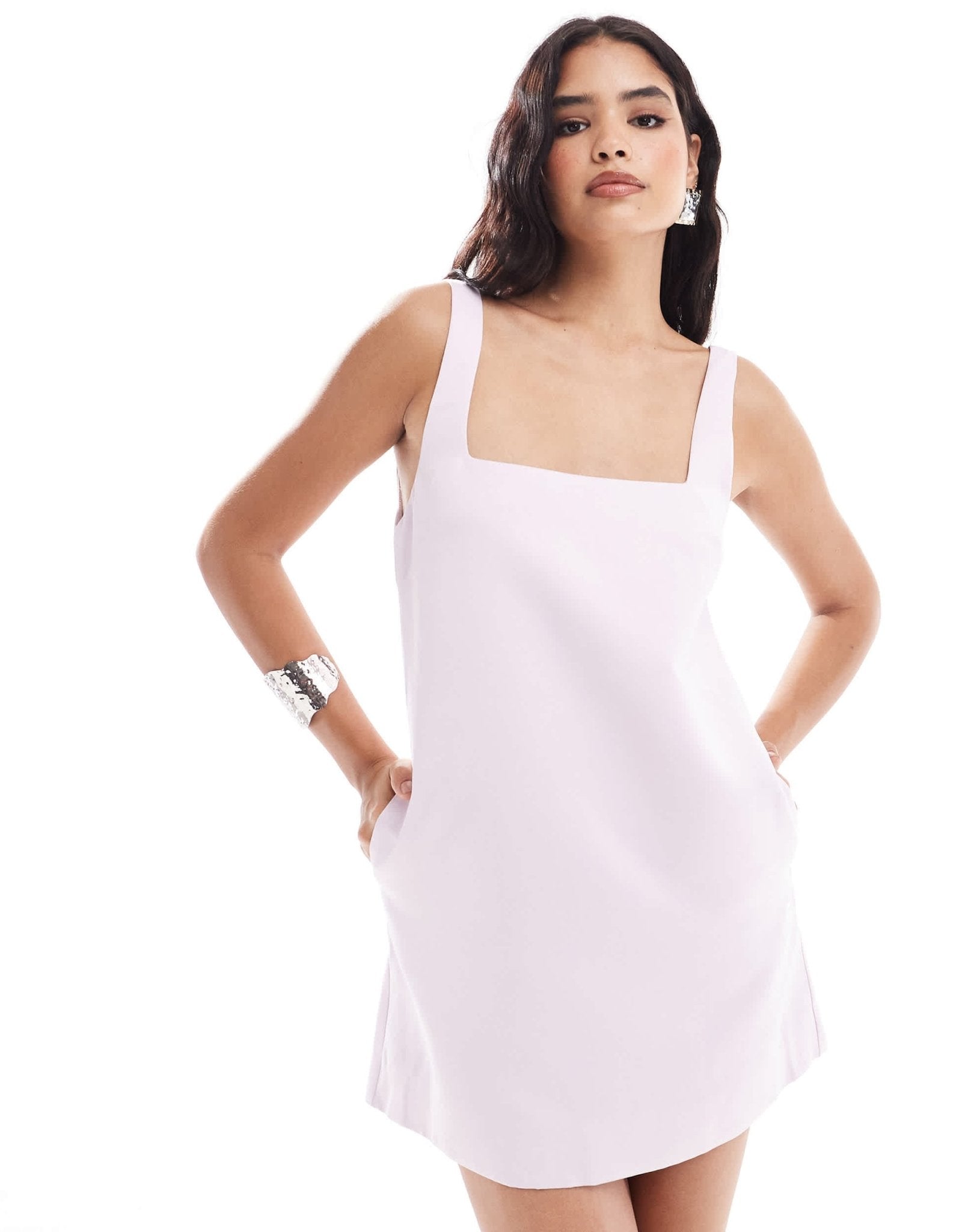ASOS EDITION heavy satin square neck mini dress with pockets in pink - ASOS Sample Sale