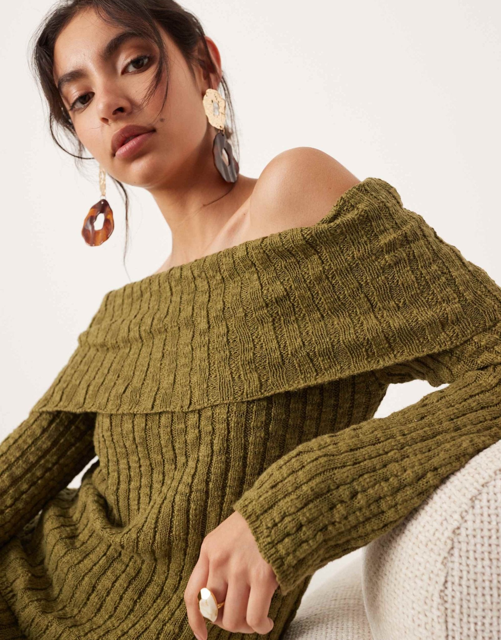 ASOS EDITION knitted bardot layered long sleeve top co - ord in green - ASOS Sample Sale