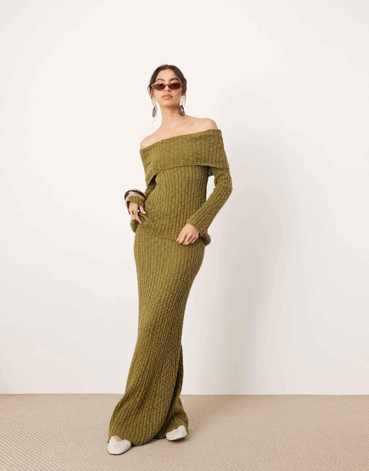 ASOS EDITION knitted bardot layered long sleeve top co - ord in green - ASOS Sample Sale