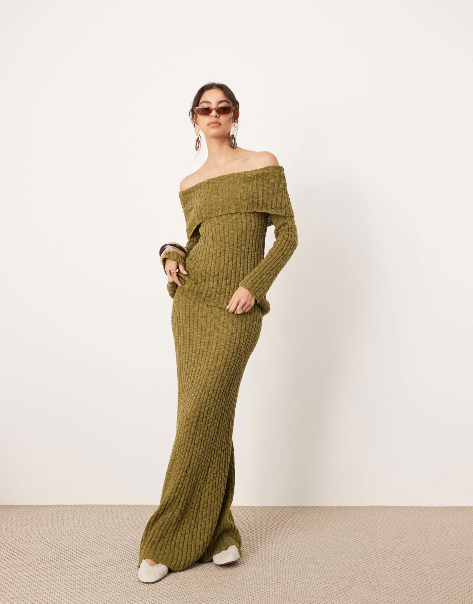 ASOS EDITION knitted bardot layered long sleeve top co - ord in green - ASOS Sample Sale