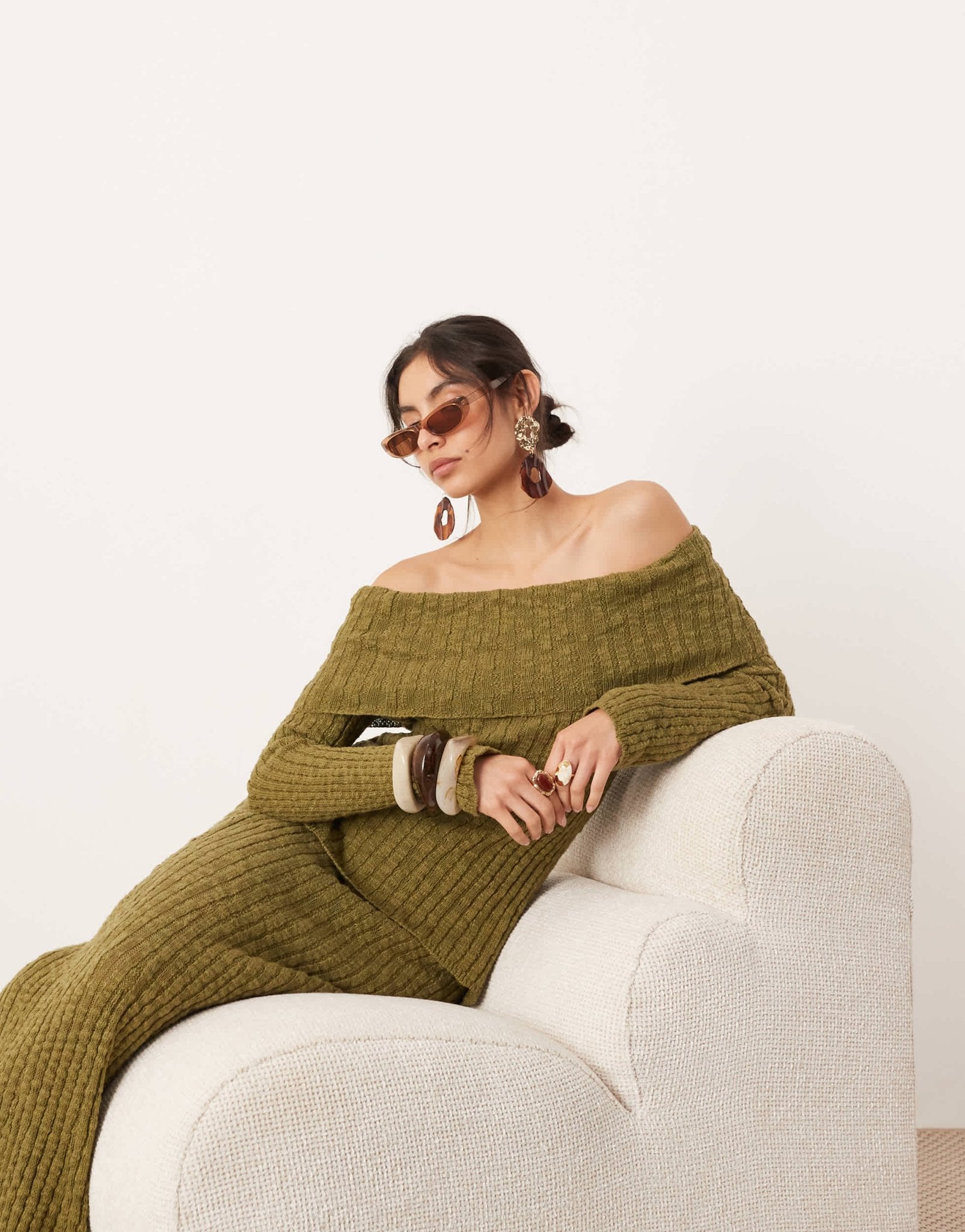 ASOS EDITION knitted bardot layered long sleeve top co - ord in green - ASOS Sample Sale