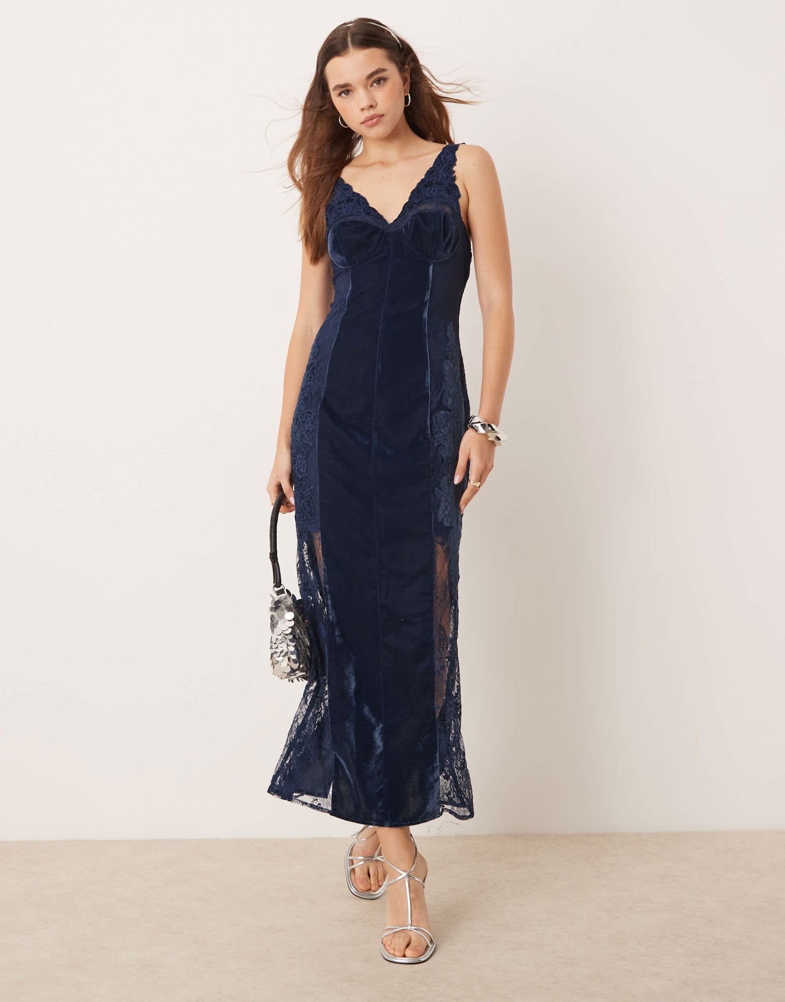 ASOS EDITION lace embroidered velvet cami midi dress in dark blue - ASOS Sample Sale