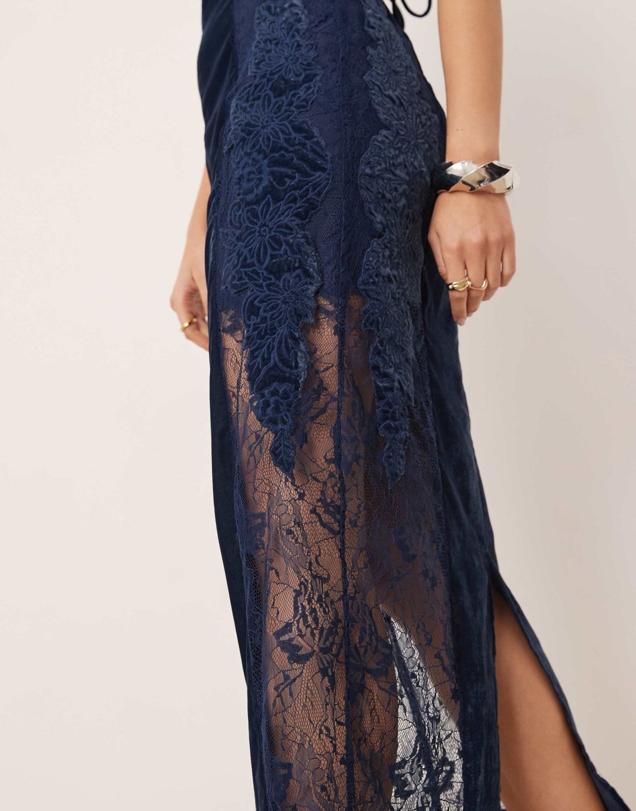 ASOS EDITION lace embroidered velvet cami midi dress in dark blue - ASOS Sample Sale