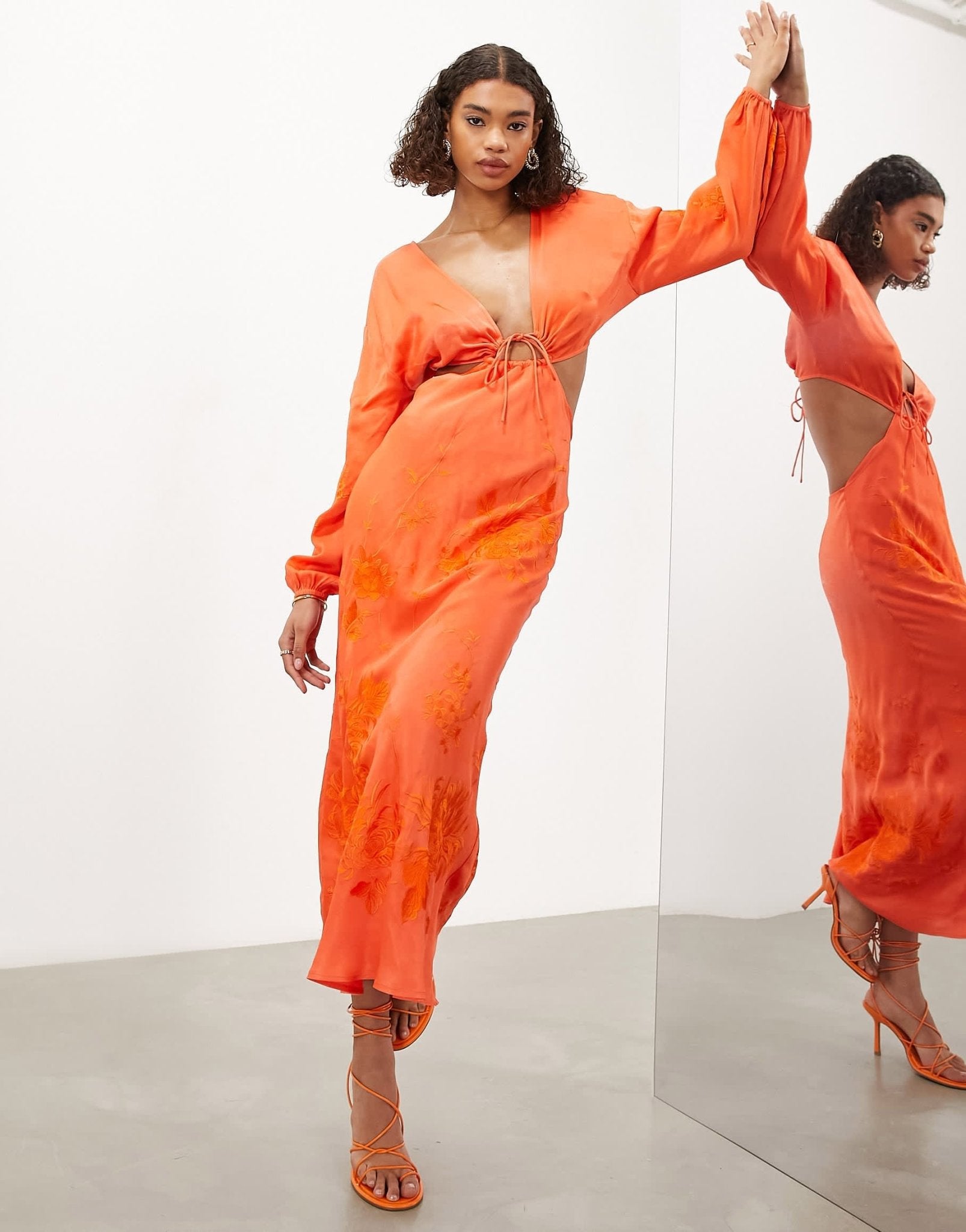 ASOS EDITION long sleeve tonal floral embroidered midi dress in bright orange - ASOS Sample Sale