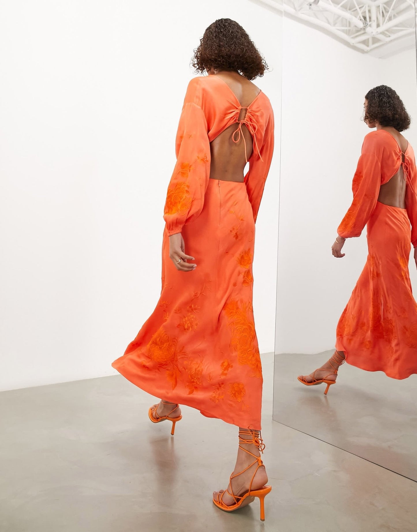 ASOS EDITION long sleeve tonal floral embroidered midi dress in bright orange - ASOS Sample Sale
