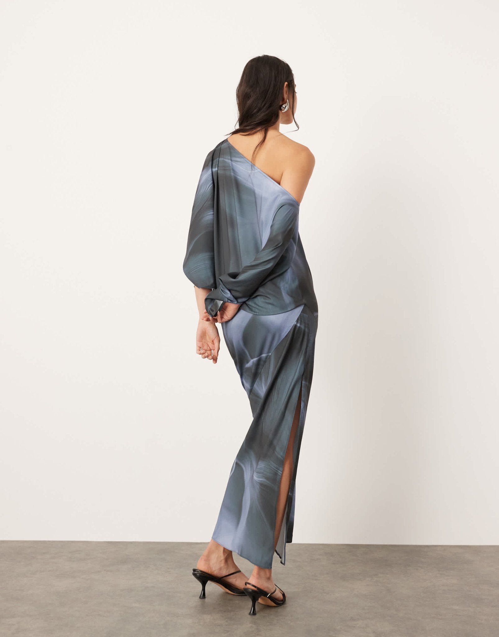ASOS EDITION satin slouchy off shoulder maxi dress in grey abstract pr