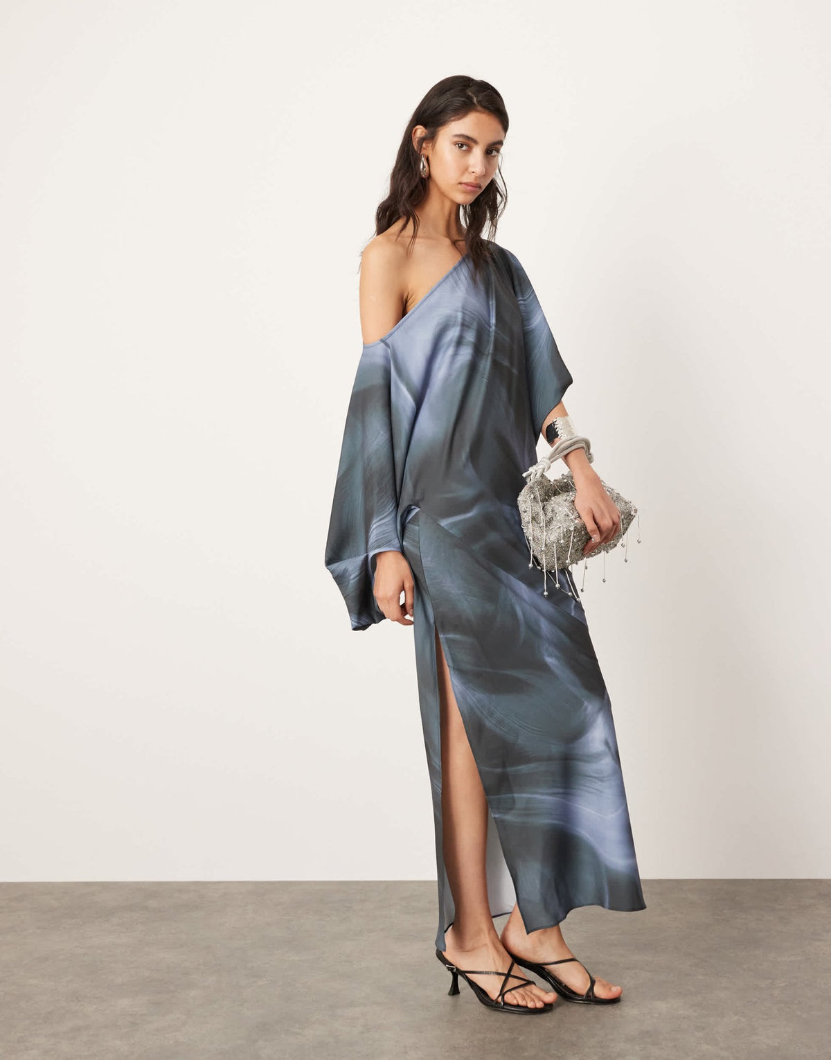 ASOS EDITION satin slouchy off shoulder maxi dress in grey abstract print - ASOS Sample Sale