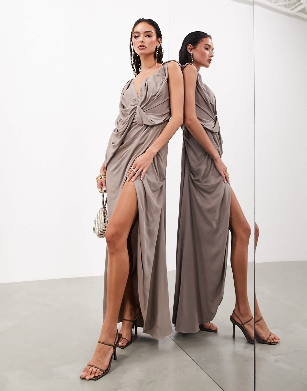 ASOS EDITION sleeveless draped off shoulder maxi dress in taupe - ASOS Sample Sale