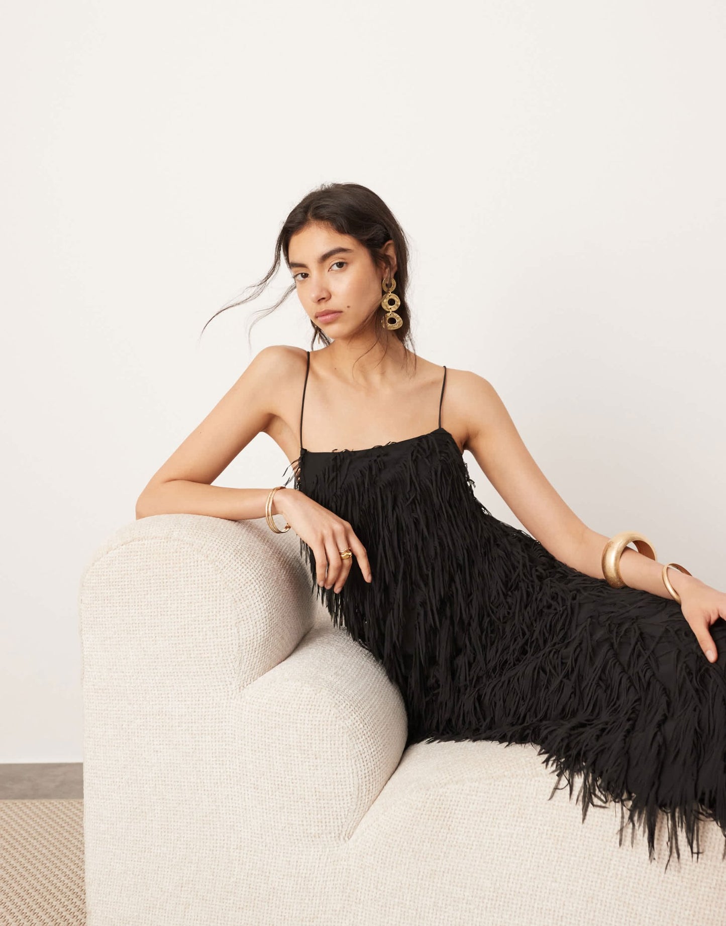 ASOS EDITION textured fringe cami maxi dress with low back in black - ASOS Sample Sale