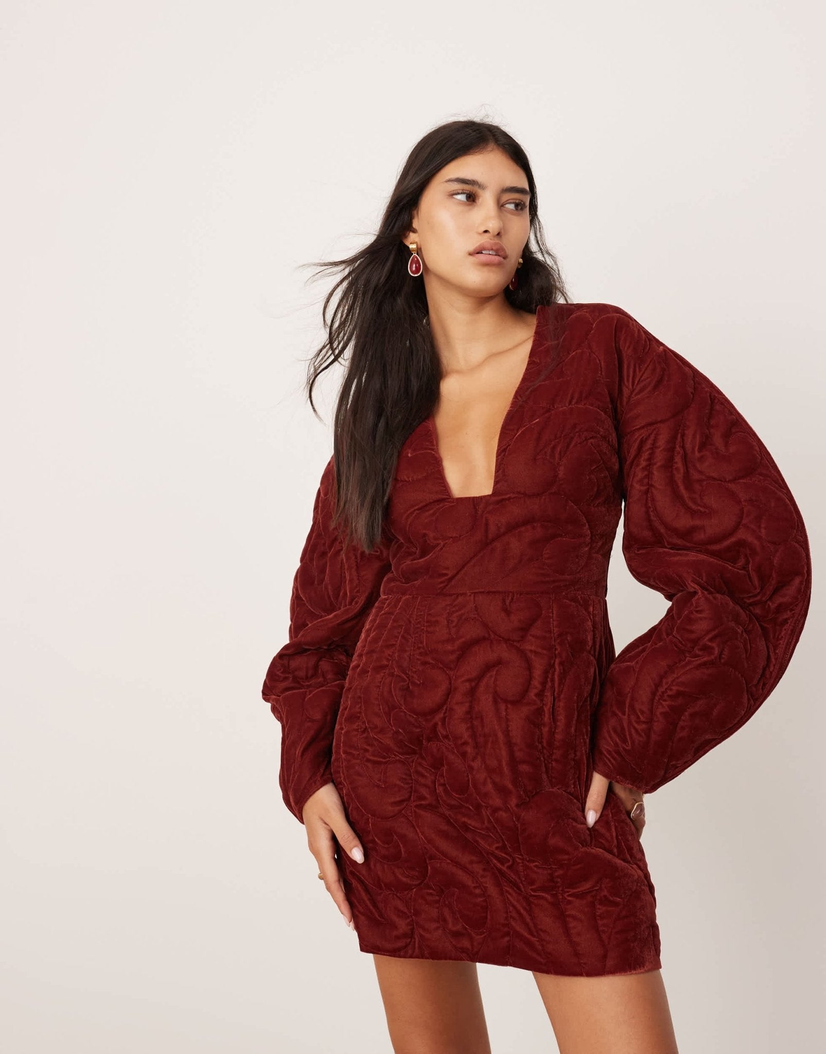 ASOS EDITION velvet embroidered quilted plunge mini dress with sleeve detail in burgundy - ASOS Sample Sale